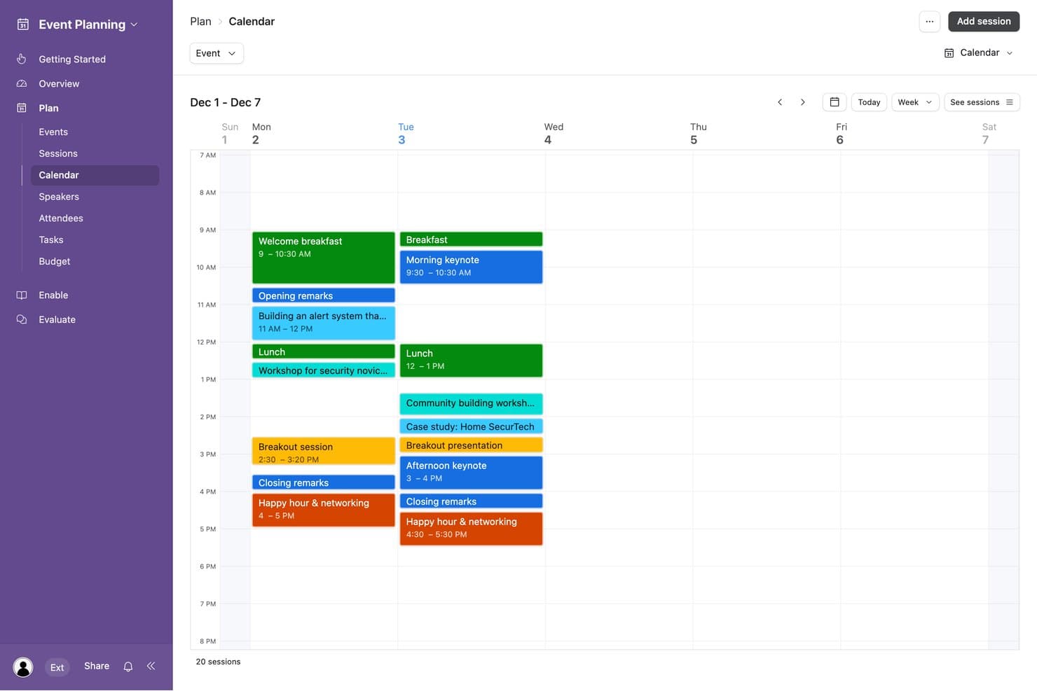 Airtable calendar view showing event sessions scheduled across Dec 1–7.