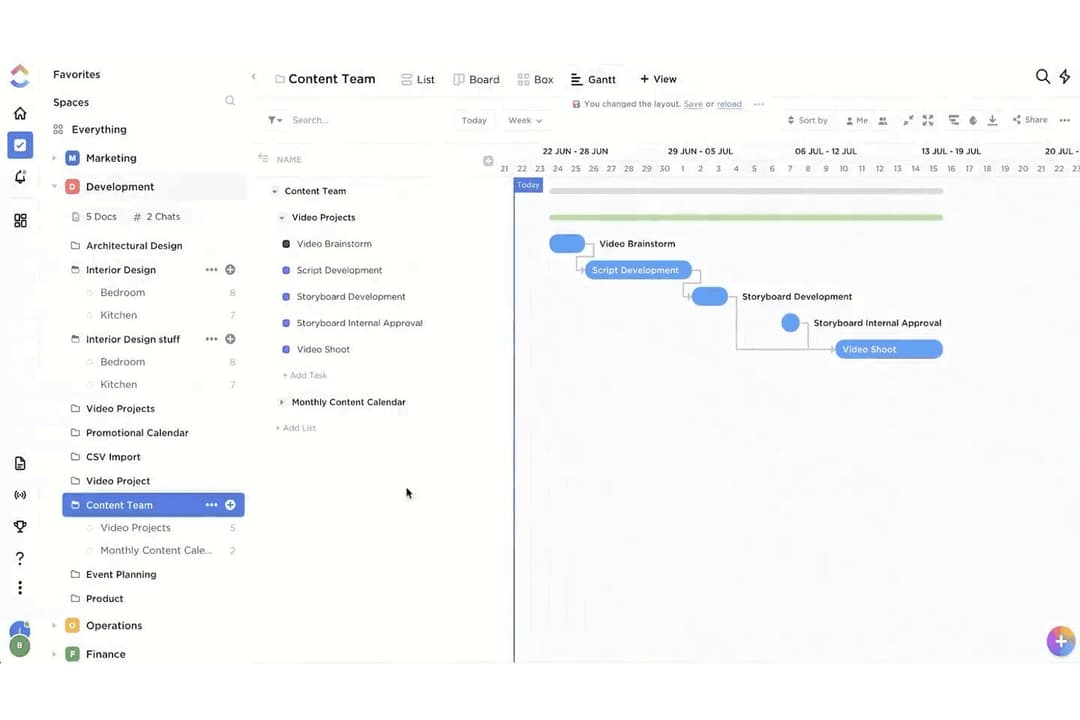 ClickUp's Gantt view maps task dependencies for video project timelines.