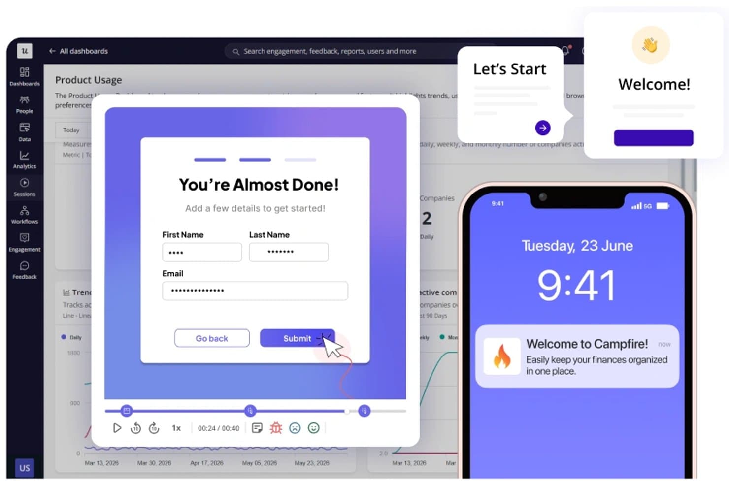 Pannello di controllo di Userpilot con finestra modale di inserimento, schermata di benvenuto e notifica push per dispositivi mobili.