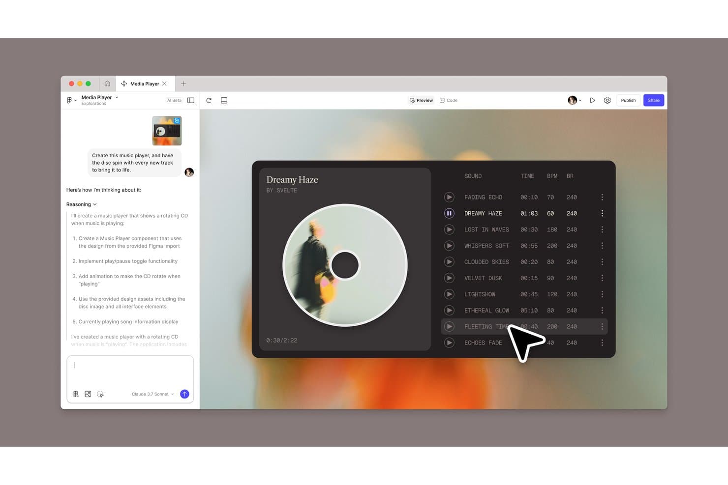 Figman tekoälyn luoma musiikkisoittimen prototyyppi, jossa on pyörivä CD-levy ja kappalelista.