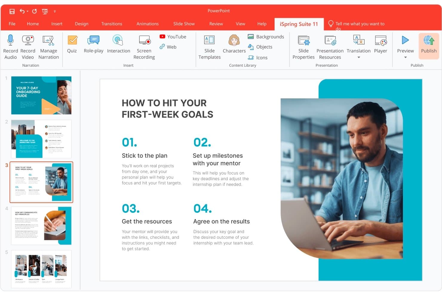iSpring Suiten PowerPoint-käyttöliittymä, jossa näkyy dia, jolla on neljä ensimmäisen perehdytysviikon tavoitetta.