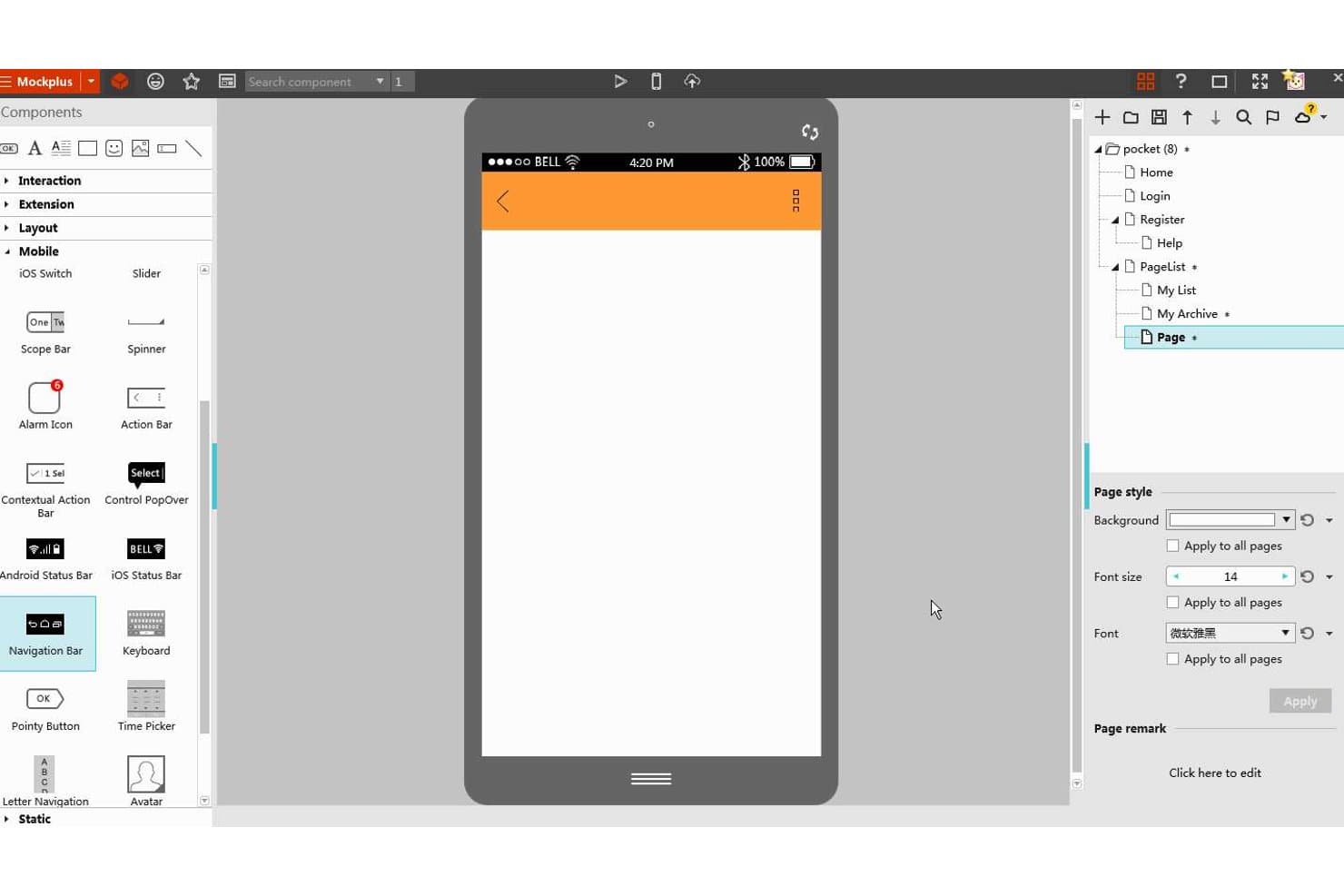 Mockplusin käyttöliittymä, jossa näkyy mobiiliprototyyppi oranssilla navigointipalkilla ja komponenttipaneelilla.