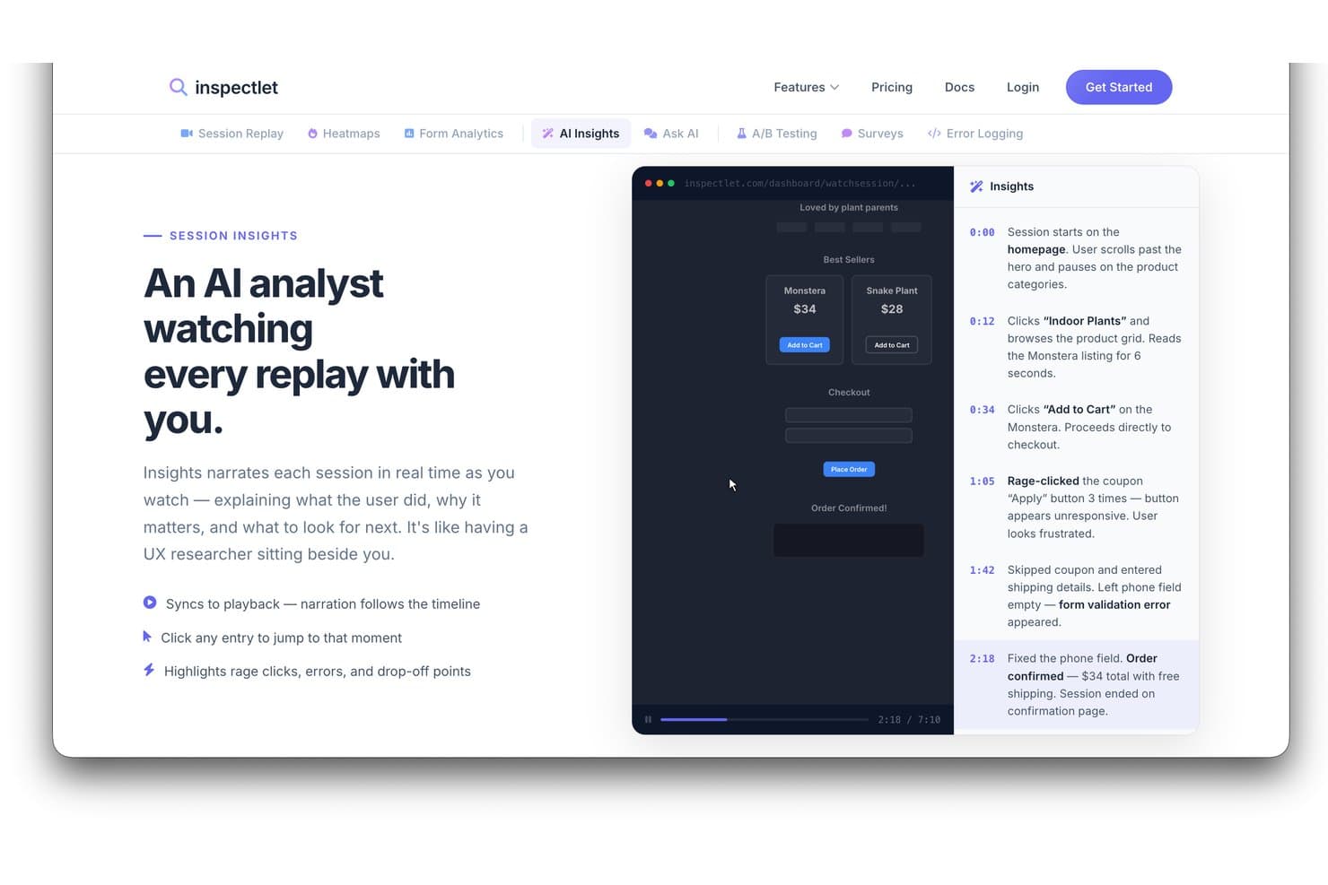 Inspectlet AI Insights panel showing timestamped session narration alongside a session replay.