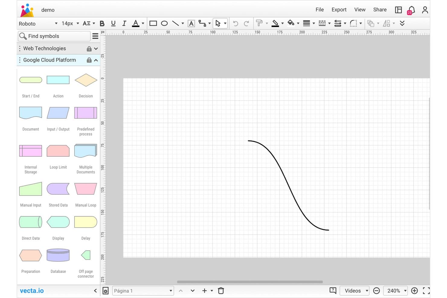 Vecta.io-diagrameditor, der viser en buet linje tegnet på et hvidt gitterlærred.