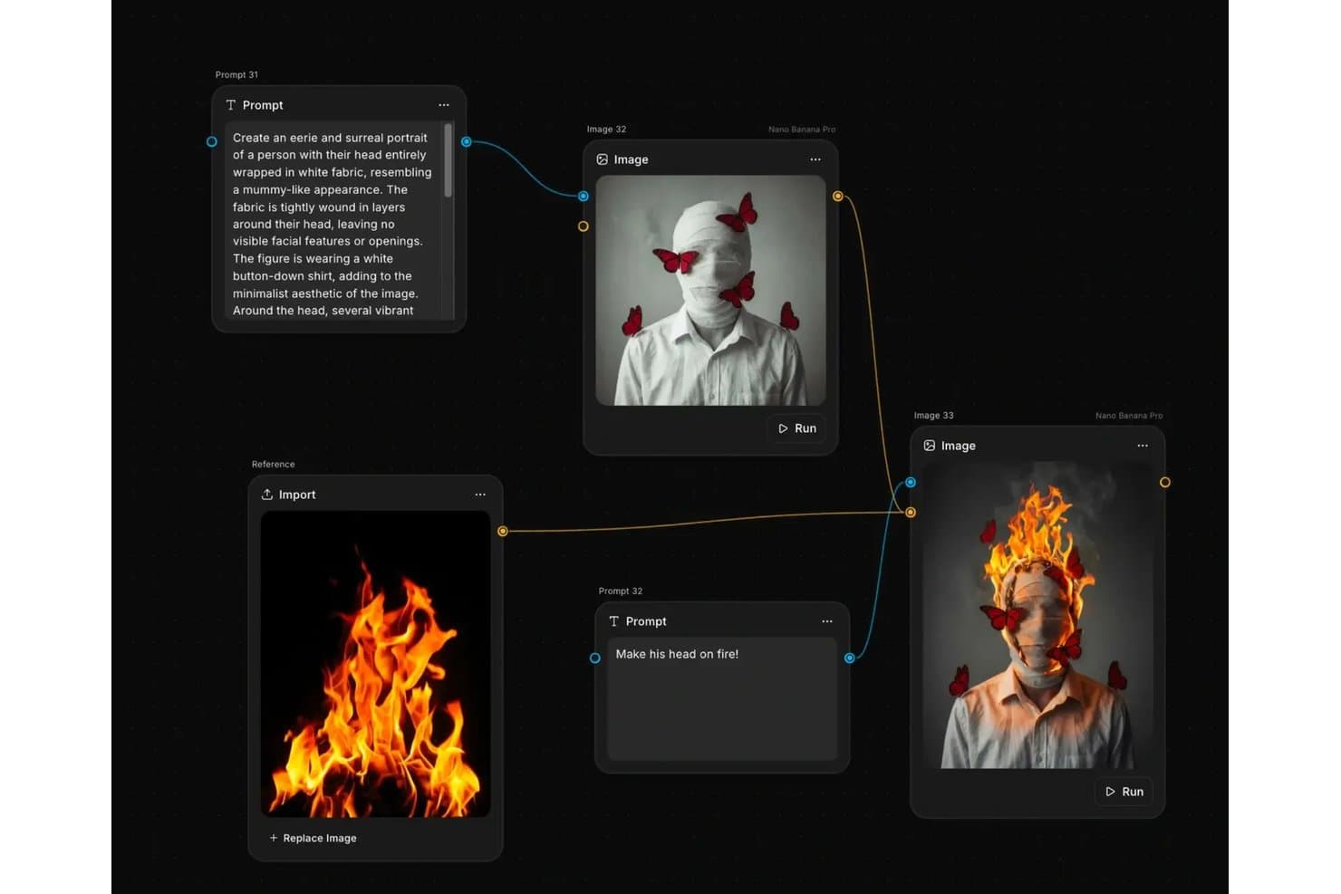 ImagineArts arbejdsgangslærred forbinder tekstprompts og genererede billeder med flammeeffekt.