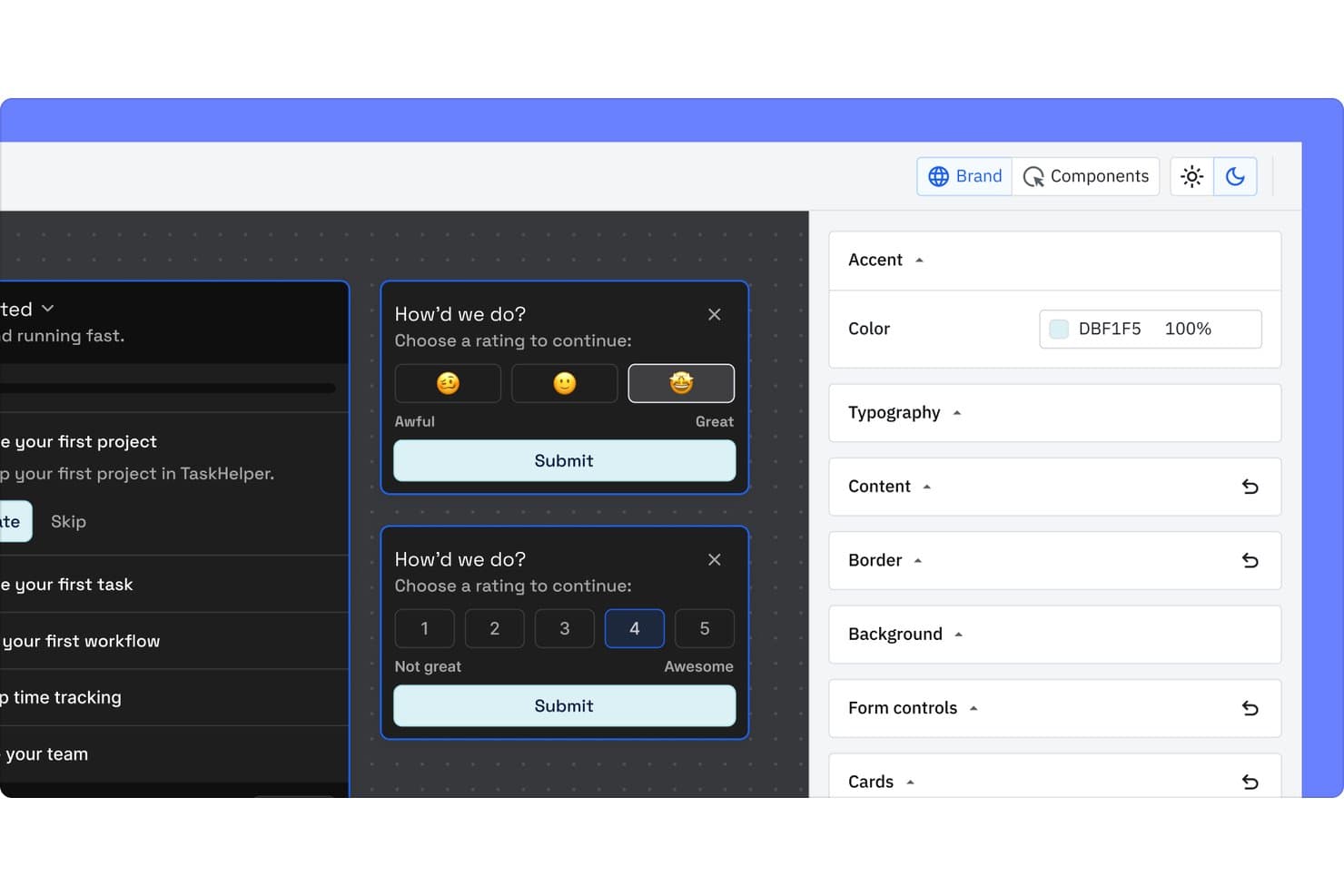 Amplitude Guides and Surveys showing emoji and numeric rating survey modals with Submit button.