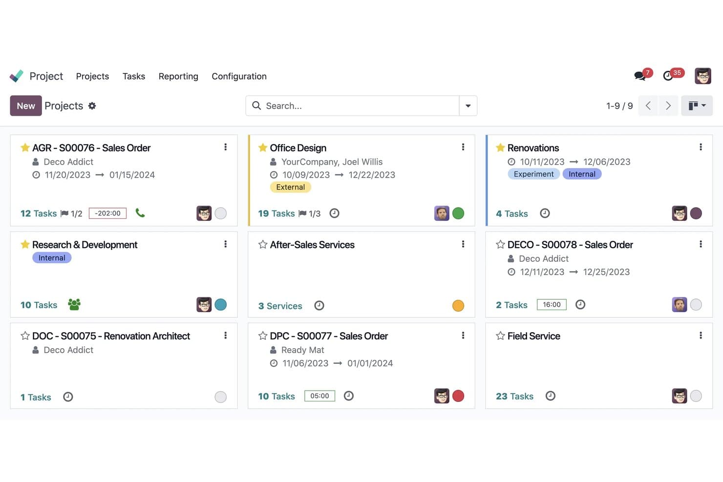 Odoo project management dashboard showing nine project cards with tasks and dates.