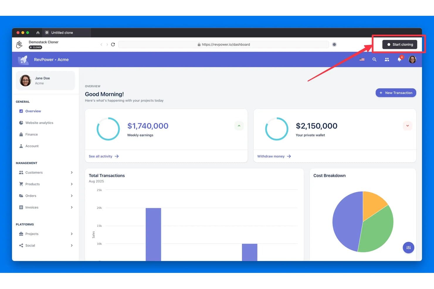 Die Demostack-Klon-Erweiterung klont ein RevPower-Dashboard mit Finanzübersicht.