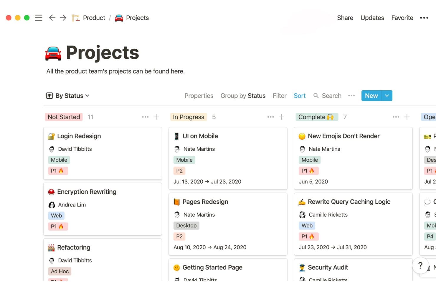 Notion projects board grouped by status: Not Started, In Progress, Complete columns.