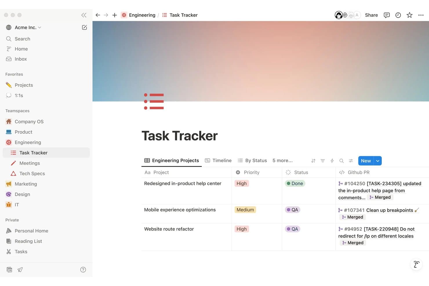 Notionin tehtäväseuranta, jossa näkyvät tekniset projektit sekä prioriteetti-, tila- ja GitHub PR -sarakkeet.