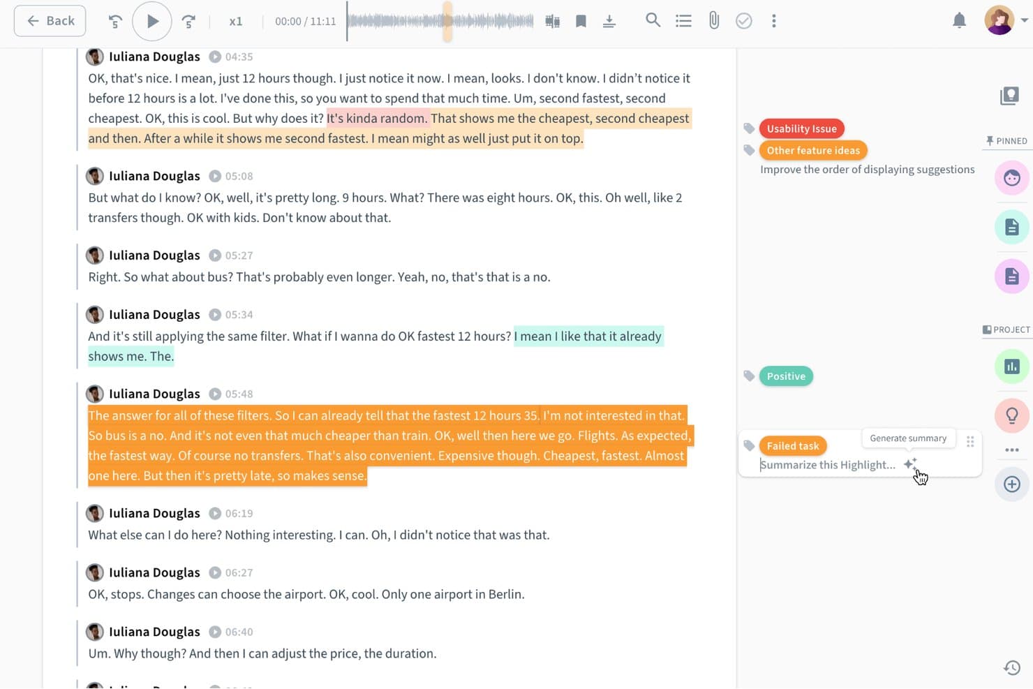 Condens interview transcript with AI tags and a summarize highlight panel open.