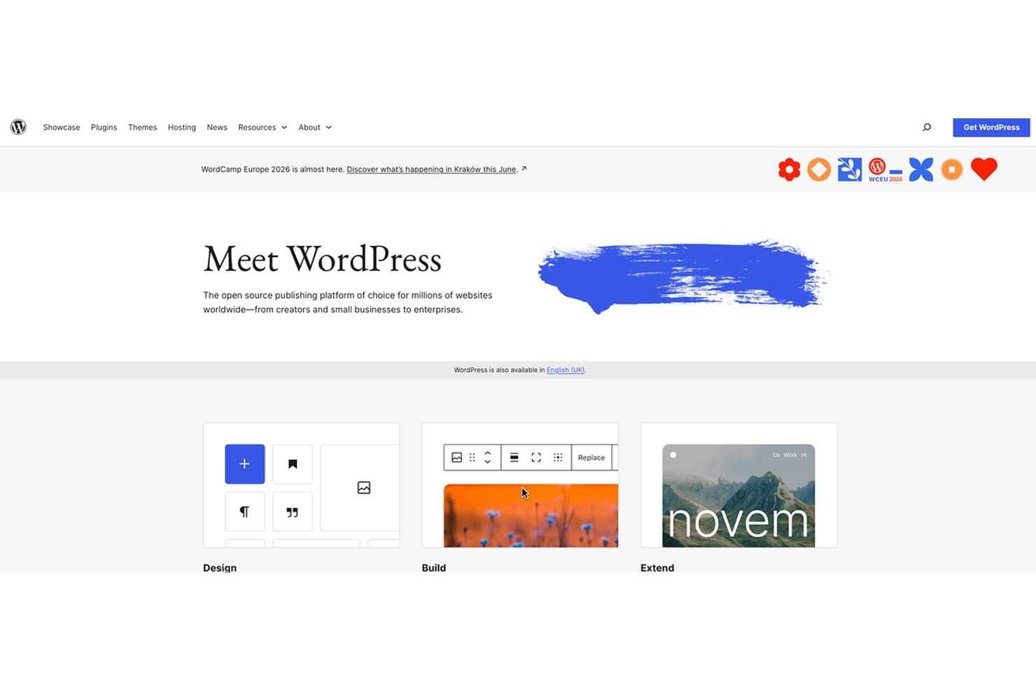 WordPressin etusivu, jossa näkyvät otsikko Tutustu WordPressiin sekä suunnittelu-, rakentamis- ja laajentamisosiot.