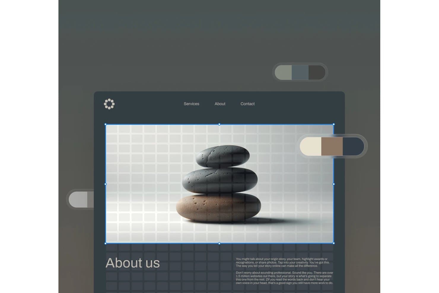 Squarespacen verkkosivustoeditori, jossa näkyy pinottujen kivien pääkuva ja Tietoa meistä -osio.