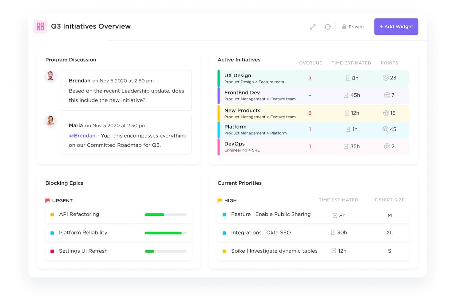 ClickUp Q3 Initiatives Overview dashboard with active initiatives, blocking epics, and priorities.