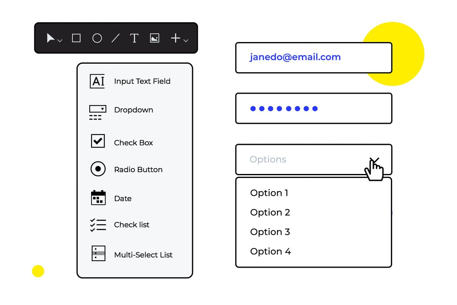 Wireframe-Benutzeroberfläche mit Eingabefeldern, Dropdown-Menü, Kontrollkästchen und Optionsfeld-Komponenten.