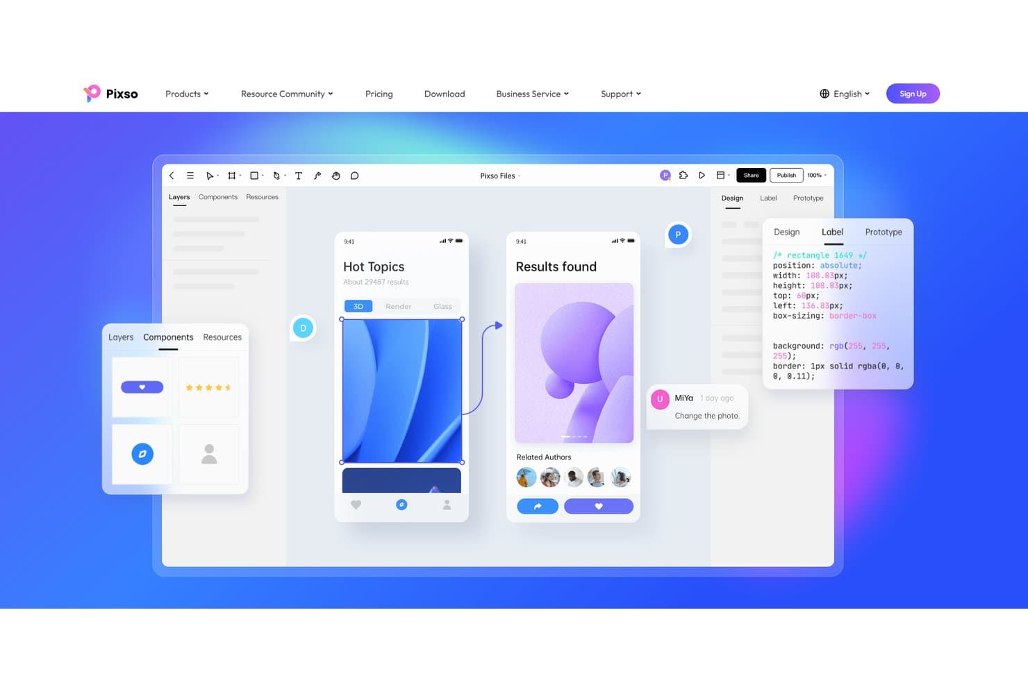Pixson käyttöliittymäsuunnittelutyökalu, jossa näkyvät mobiilisovellusten prototyypit ja CSS-koodipaneeli.