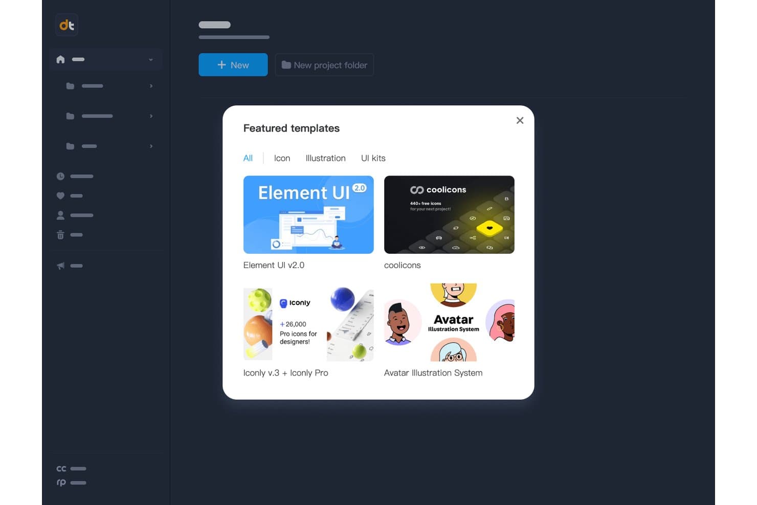Mockplusin esittelymallien valintaikkuna, jossa näkyvät UI-paketit ja kuvakemallivaihtoehdot.