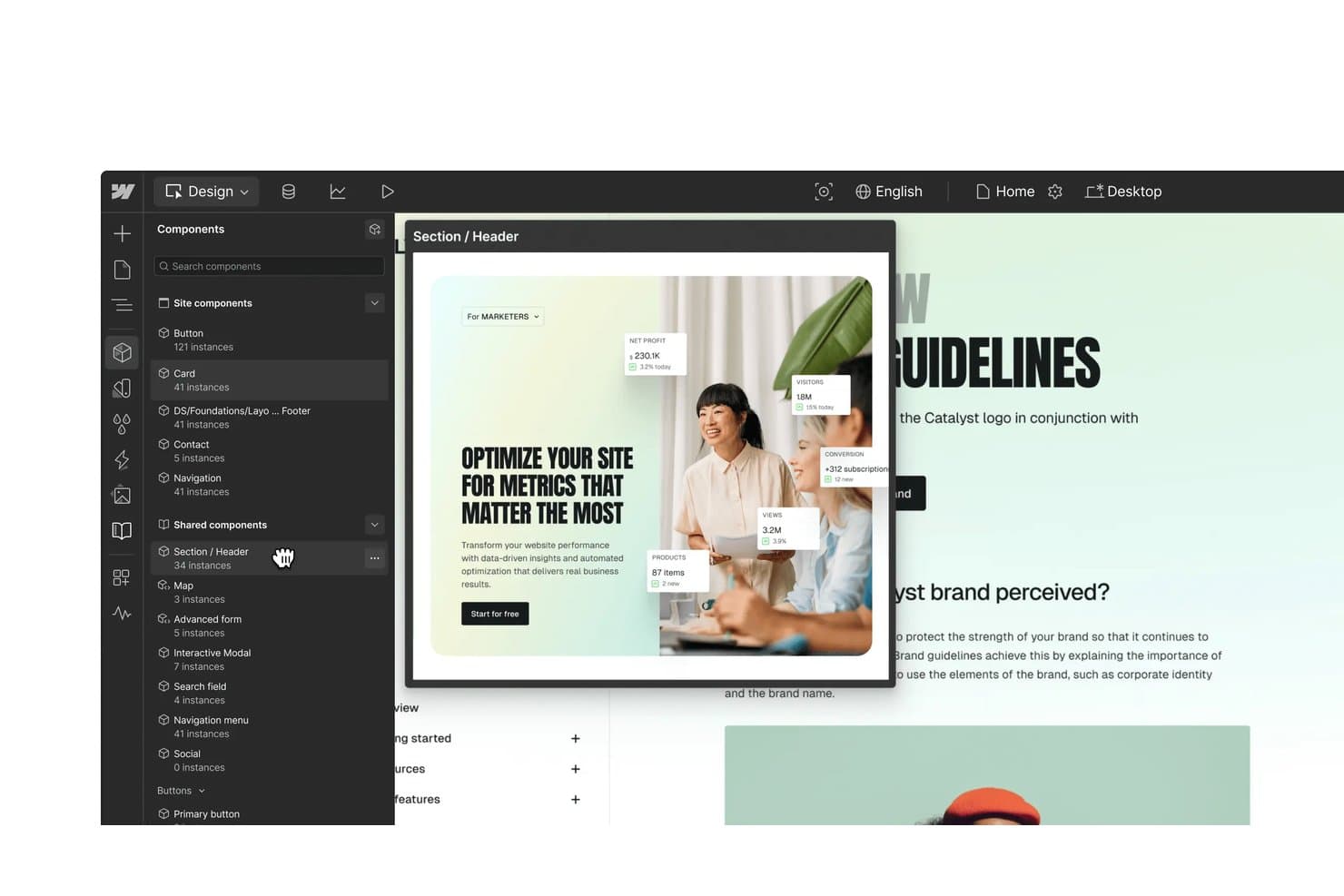 Webflow-suunnittelija, jossa näkyy Osio/ylätunniste-komponentin esikatselu, mittariston käyttöliittymä ja komponenttipaneeli.