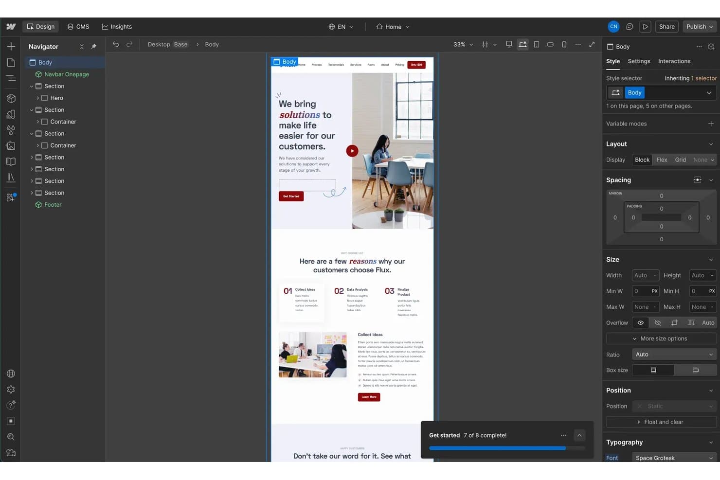 HubSpot CMS:n visuaalinen verkkosuunnittelueditori, jossa näkyy navigointipaneelin ja tyylisäätimien sisältävä etusivun asettelu.