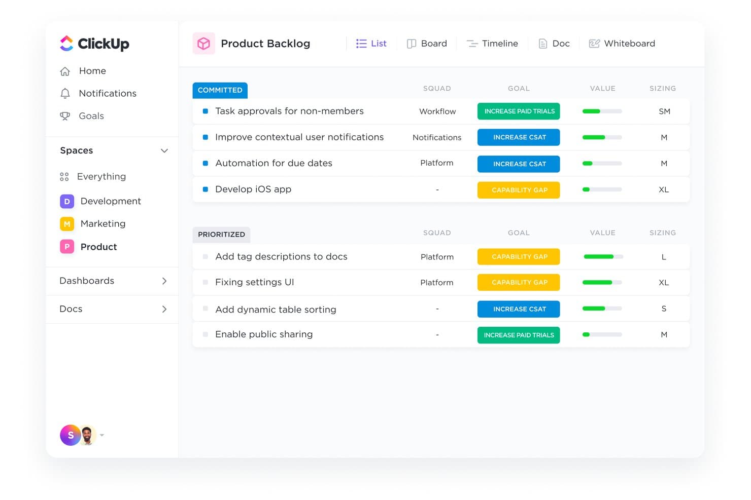 Elenco del backlog di prodotto di ClickUp con attività impegnate e prioritarie, obiettivi e dimensionamento.