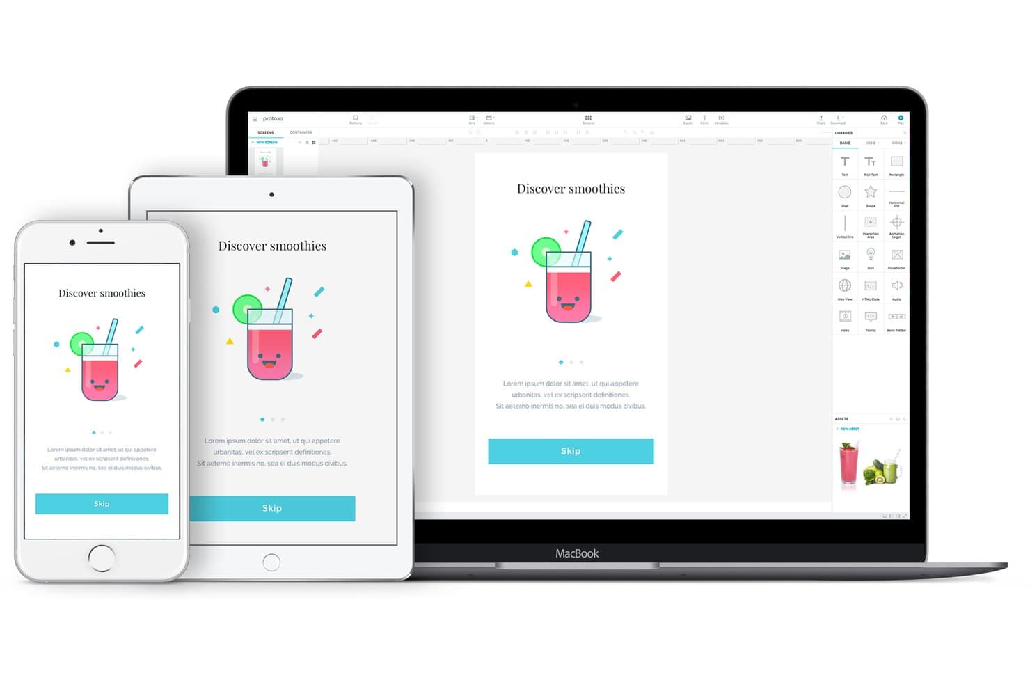 Proto.ion käyttöliittymä näkyy iPhonessa, iPadissa ja MacBookissa, joissa esitetään smoothie-sovelluksen prototyyppi.