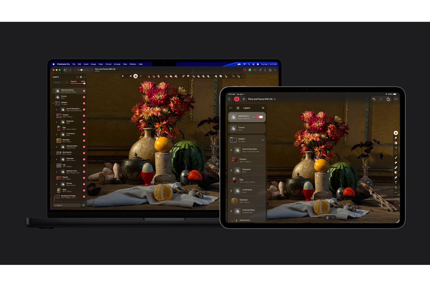 Pixelmator Pro åbnet på en MacBook og iPad, der viser et stilleben med lagpanel.