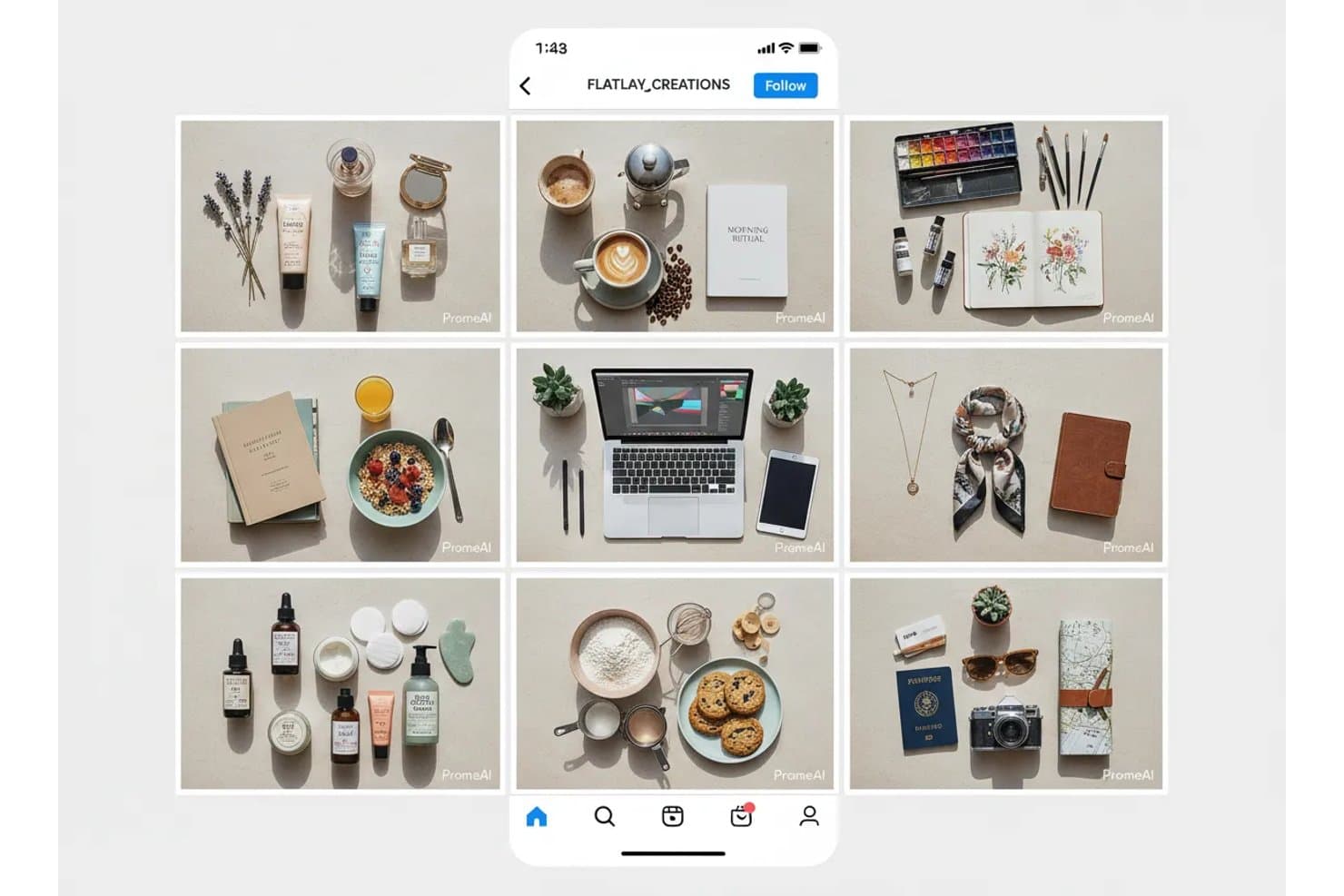 PromeAI:n Instagram-ruudukko, jossa puhelimen näytöllä näkyy yhdeksän flat lay -mallikuvaa.