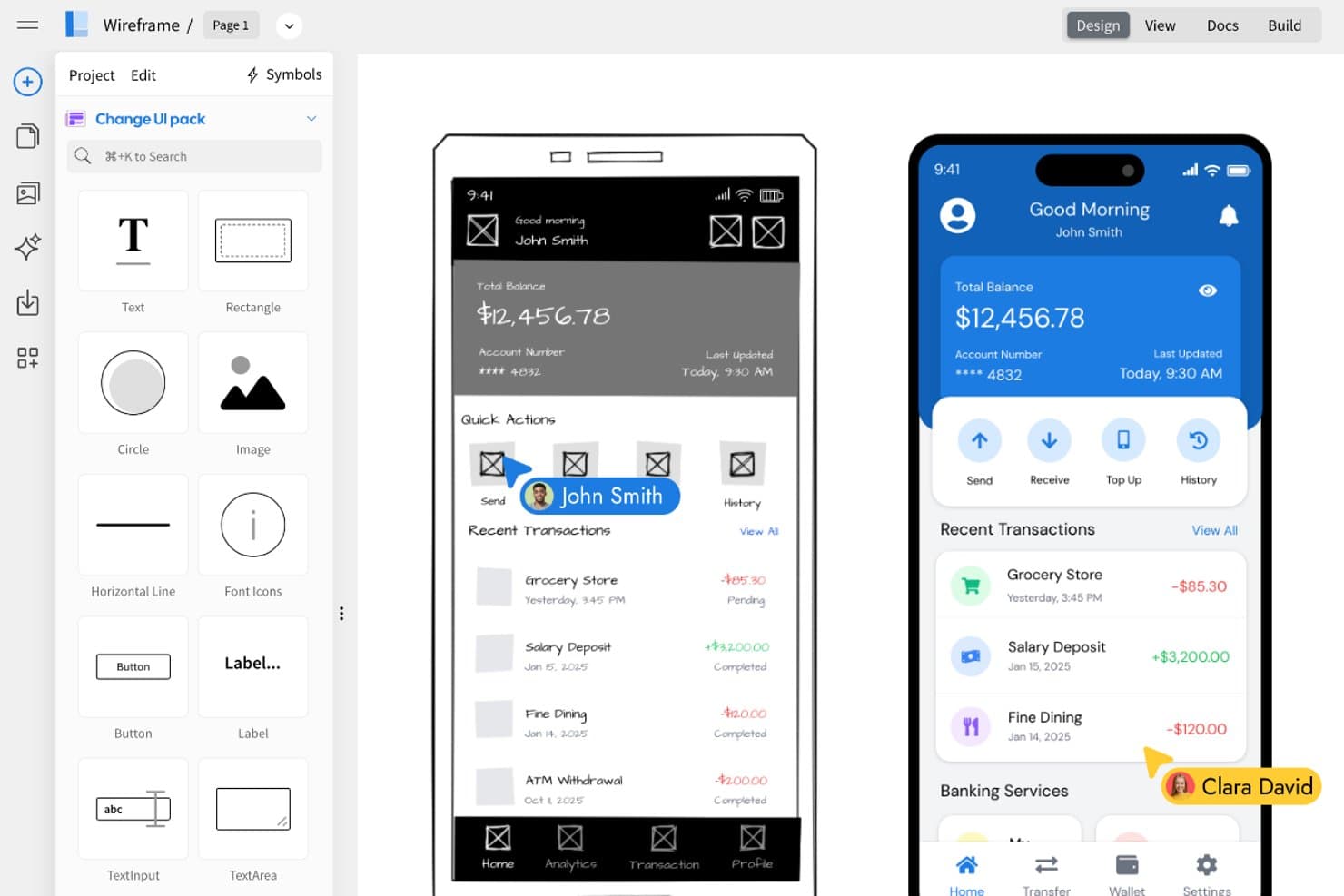 MockFlow'n rautalankamallin ja käyttöliittymäsuunnitelman vertailu mobiilipankkisovelluksen näkymästä.