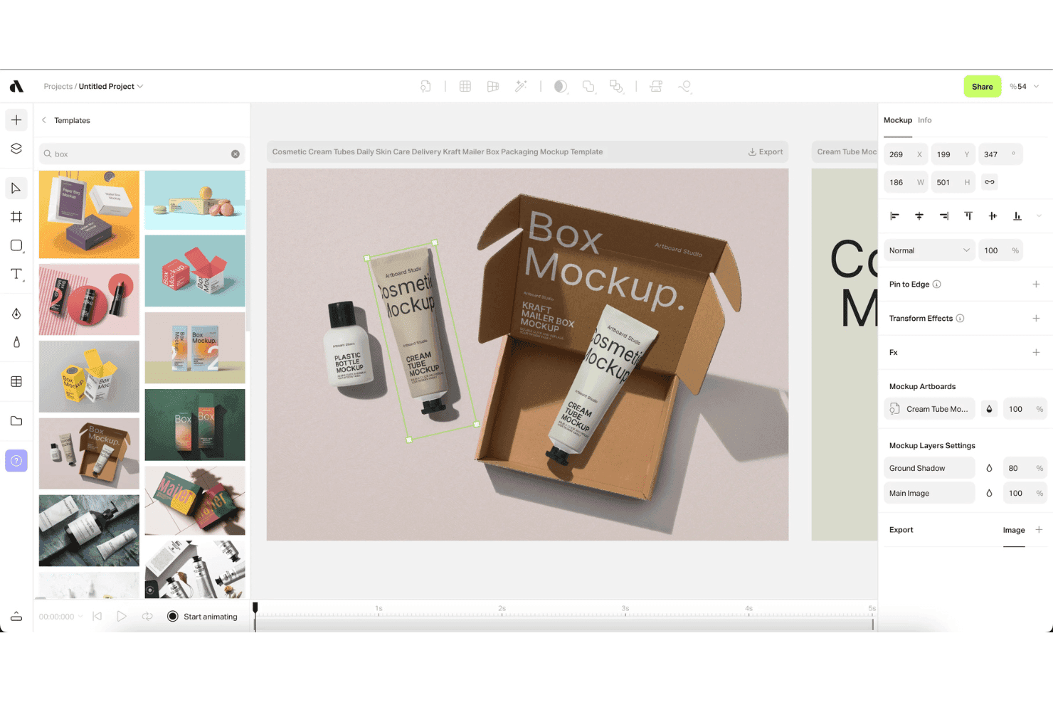 Artboard Studio-grænseflade, der viser skabeloner til mockups af kosmetikæsker og et redigeringspanel.