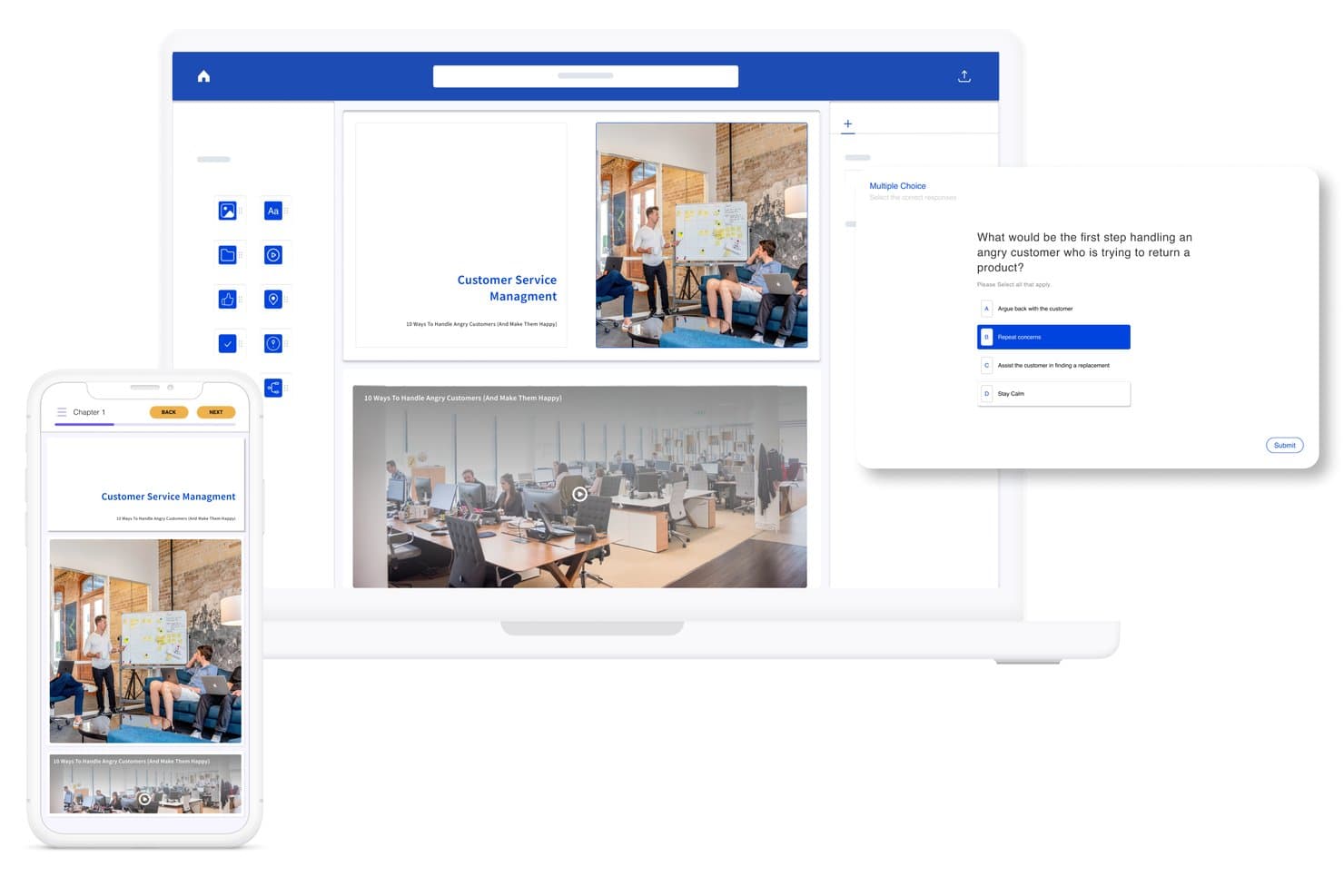 Creatore di corsi SkyPrep che mostra diapositive sulla formazione del servizio clienti e un quiz a scelta multipla su desktop e dispositivi mobili.