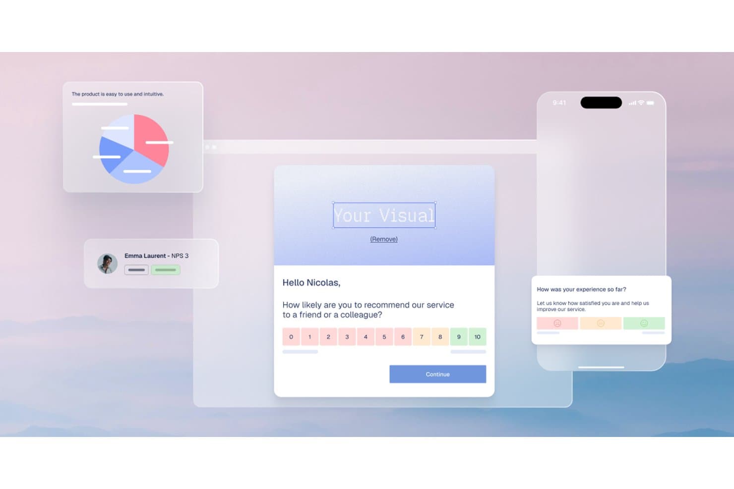 Interfaz de Refiner que muestra una encuesta NPS, un widget de satisfacción, un gráfico circular y un formulario móvil de comentarios.