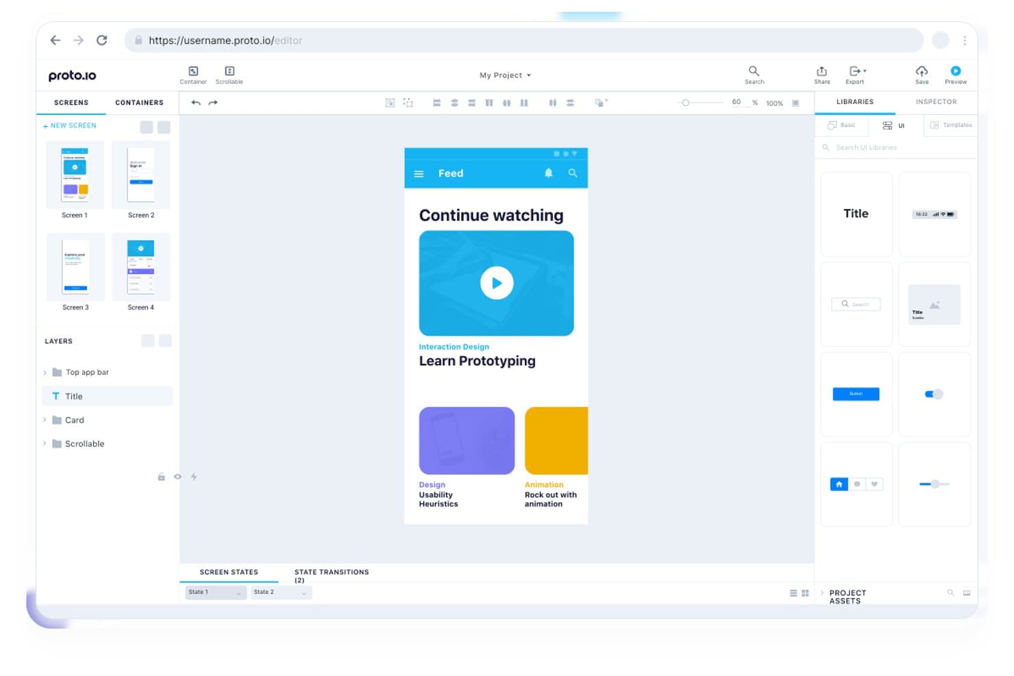Proto.io-editori, jossa näkyy mobiilisovelluksen prototyyppi videosyötteineen ja käyttöliittymäkirjastopaneeleineen.