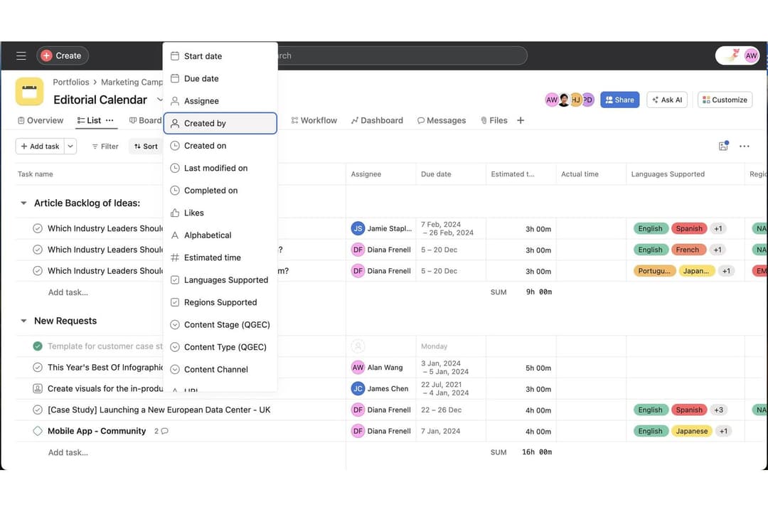 Asana lets users sort tasks by custom fields like assignee or language.