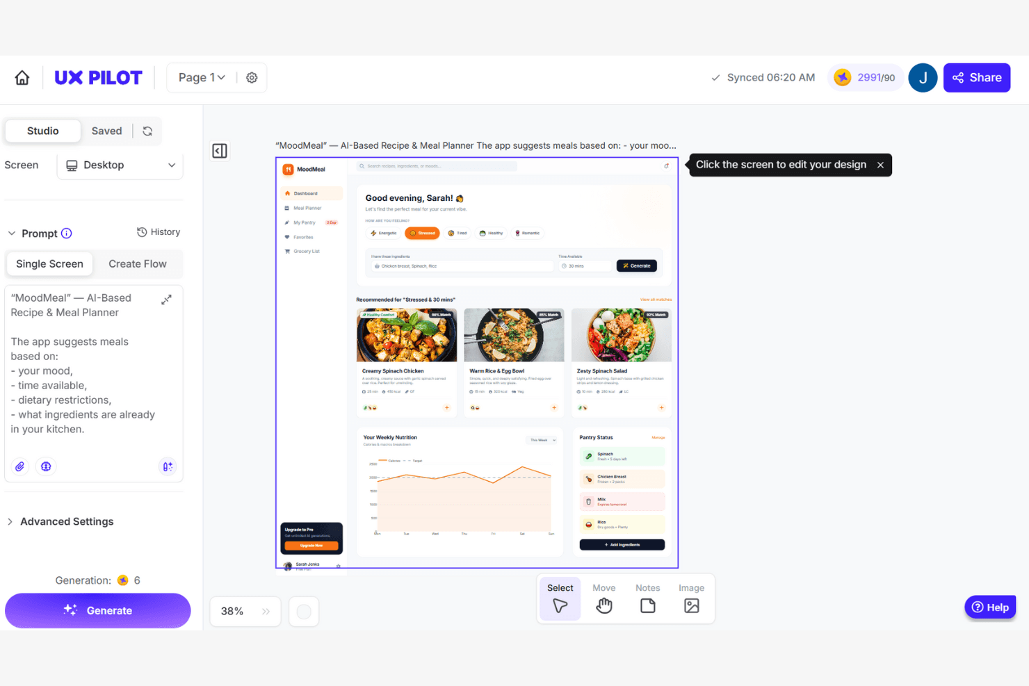 UX Pilot -studio, jossa näkyy tekoälyn luoma MoodMeal-reseptisovelluksen koontinäytön suunnitelma.