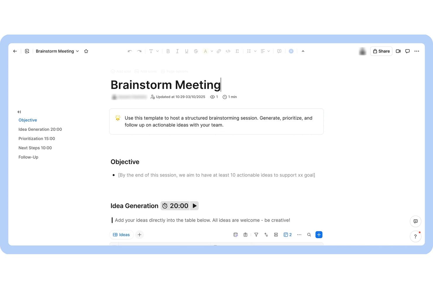 Zoom Docs brainstorm meeting template with timed sections and idea generation table