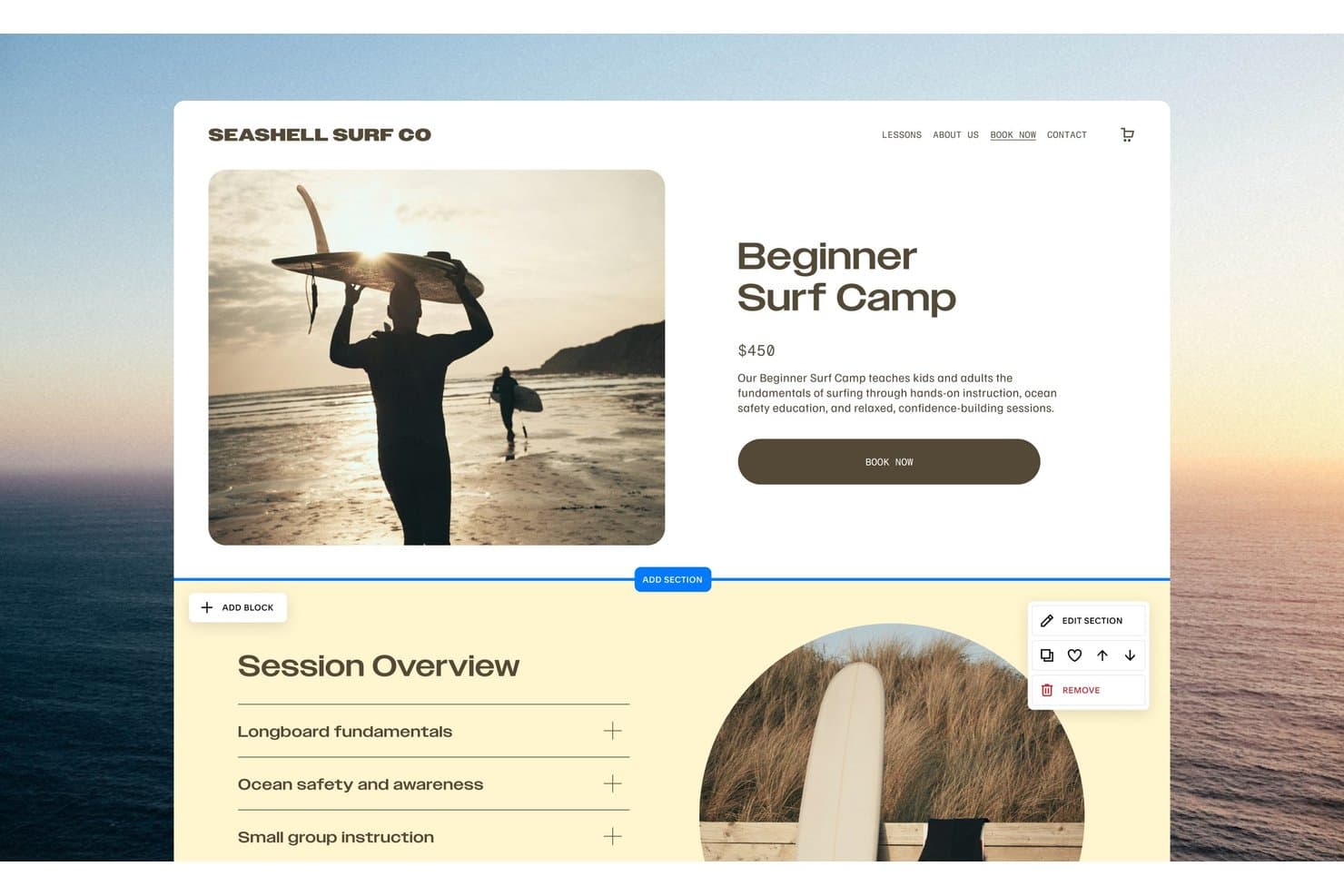 Squarespace-editori, jossa näkyy Beginner Surf Camp -tuotesivu osioiden ohjaimilla.