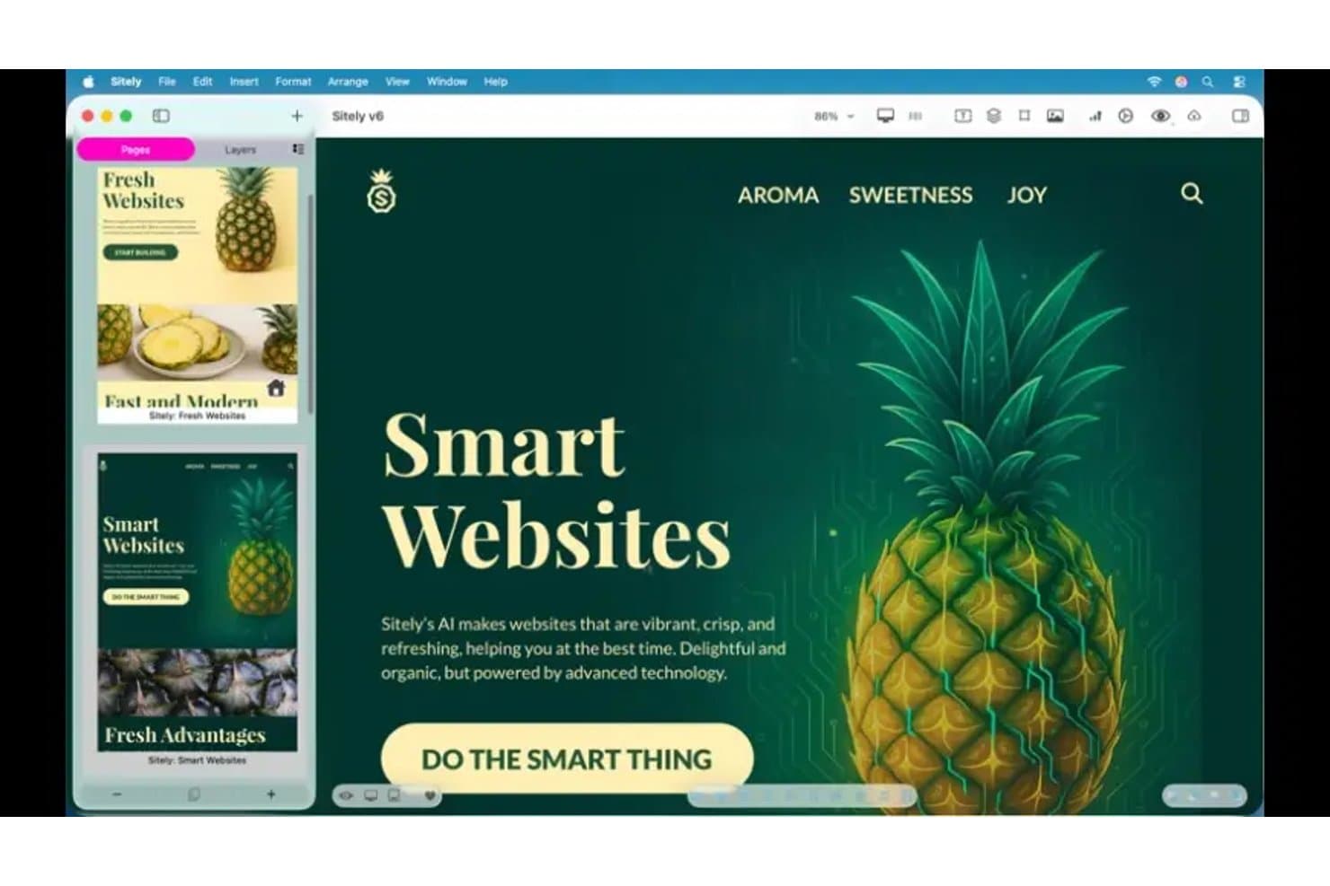 Sitely web design app showing a pineapple-themed smart websites template on Mac.