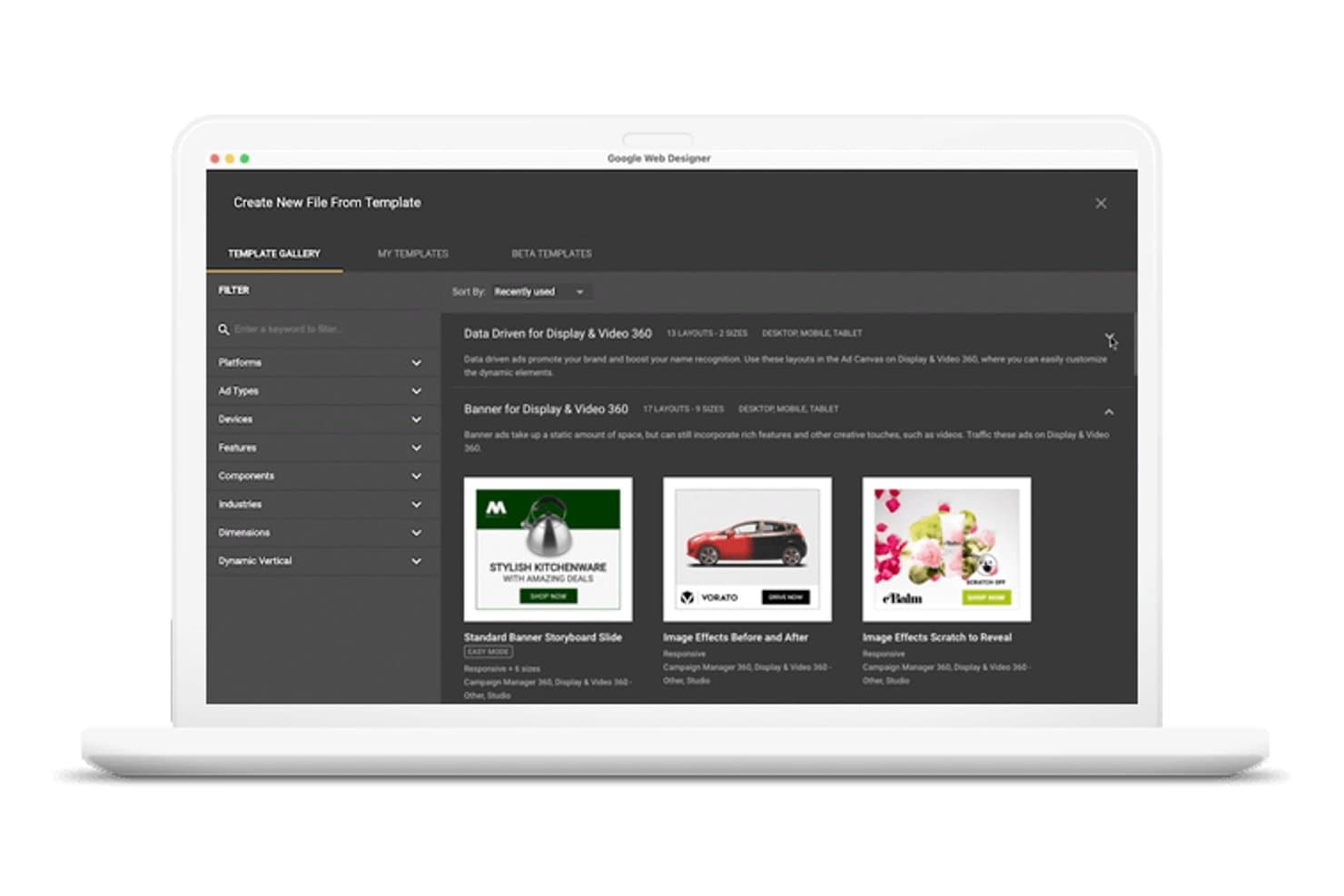 Google Web Designerin malligalleria, jossa näkyy banneri- ja näyttömainosten asetteluja kannettavan tietokoneen näytöllä.