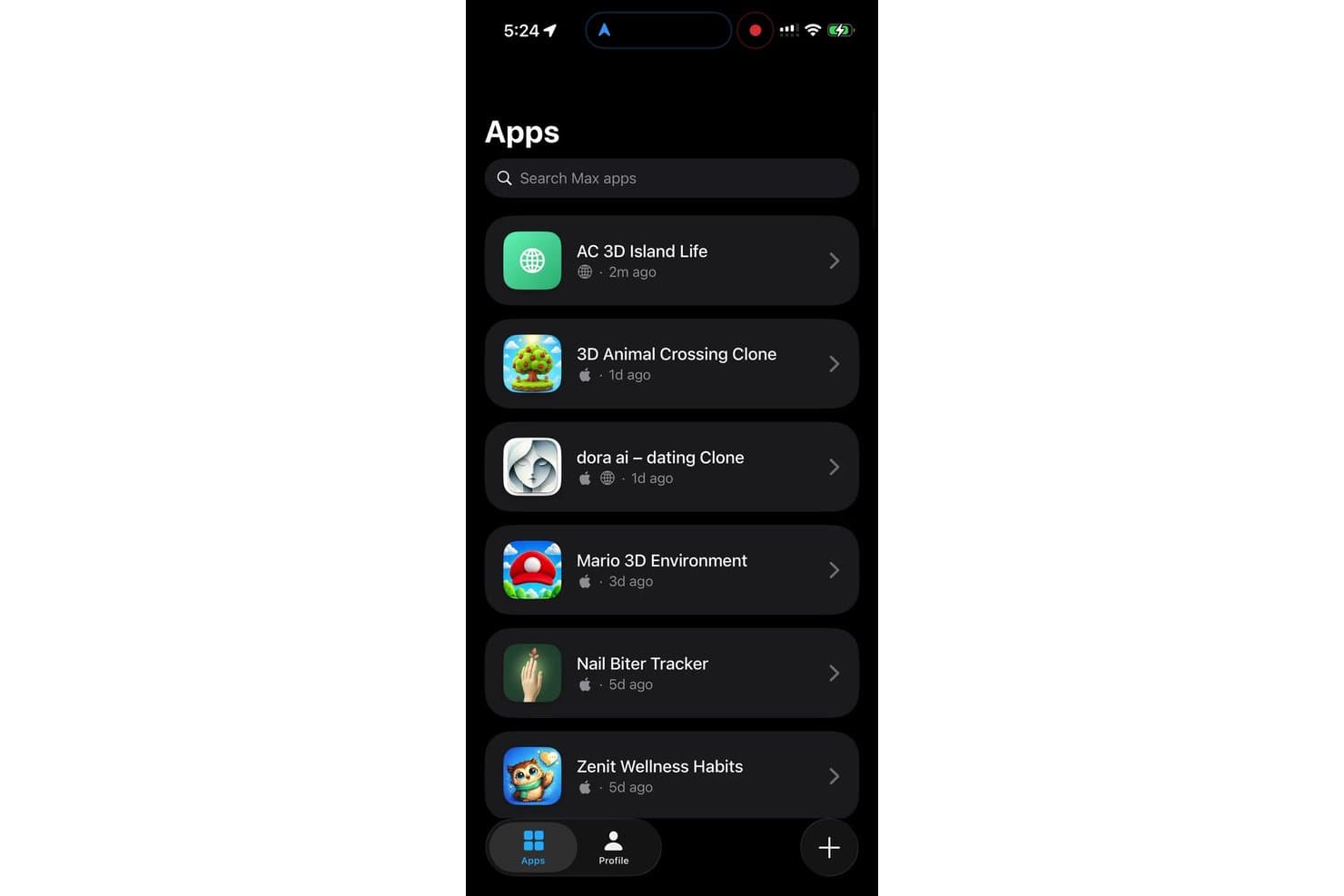 Lista aplikacji Rork Max pokazująca sześć aplikacji wygenerowanych przez AI w ciemnym interfejsie mobilnym.