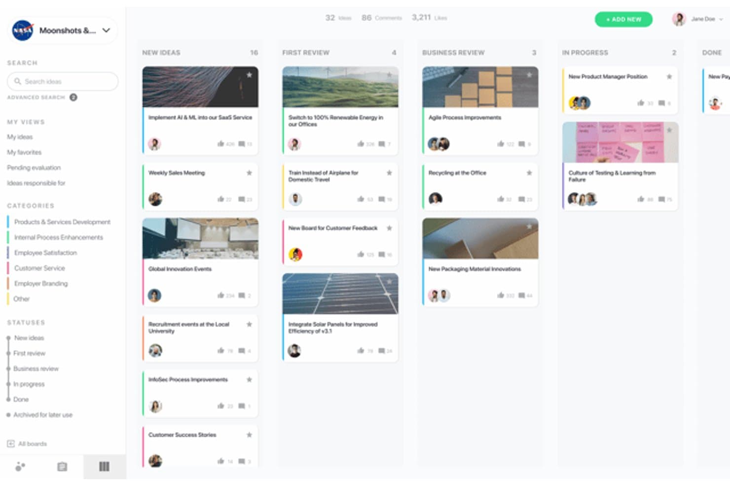 Kanban-taulu, jossa innovaatiota koskevat ideat näkyvät viidessä työnkulun vaiheessa.
