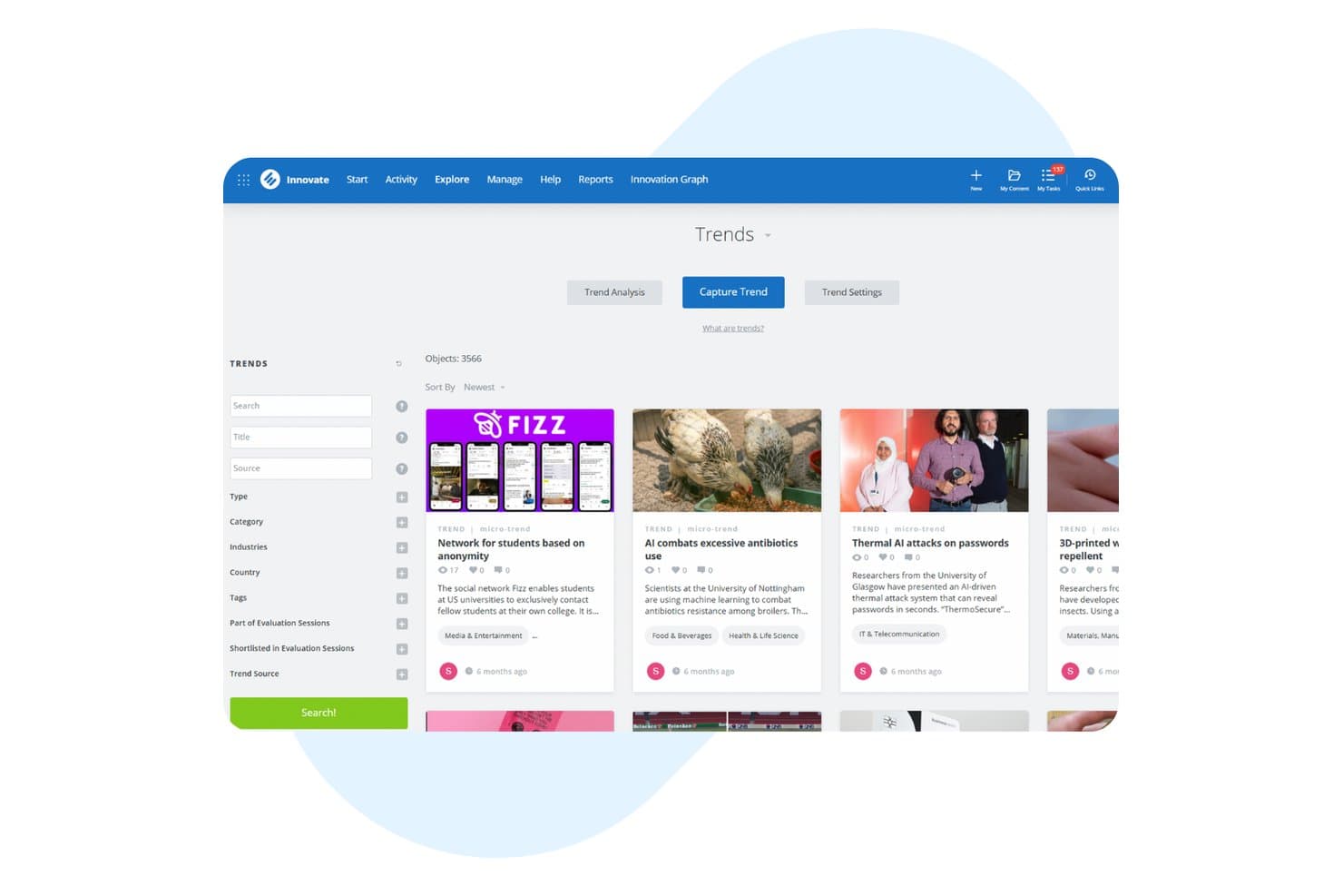 HYPE Innovationin trendien hallintapaneeli, jossa näkyy mikrottrendikortteja sekä suodatus- ja hakukenttiä.