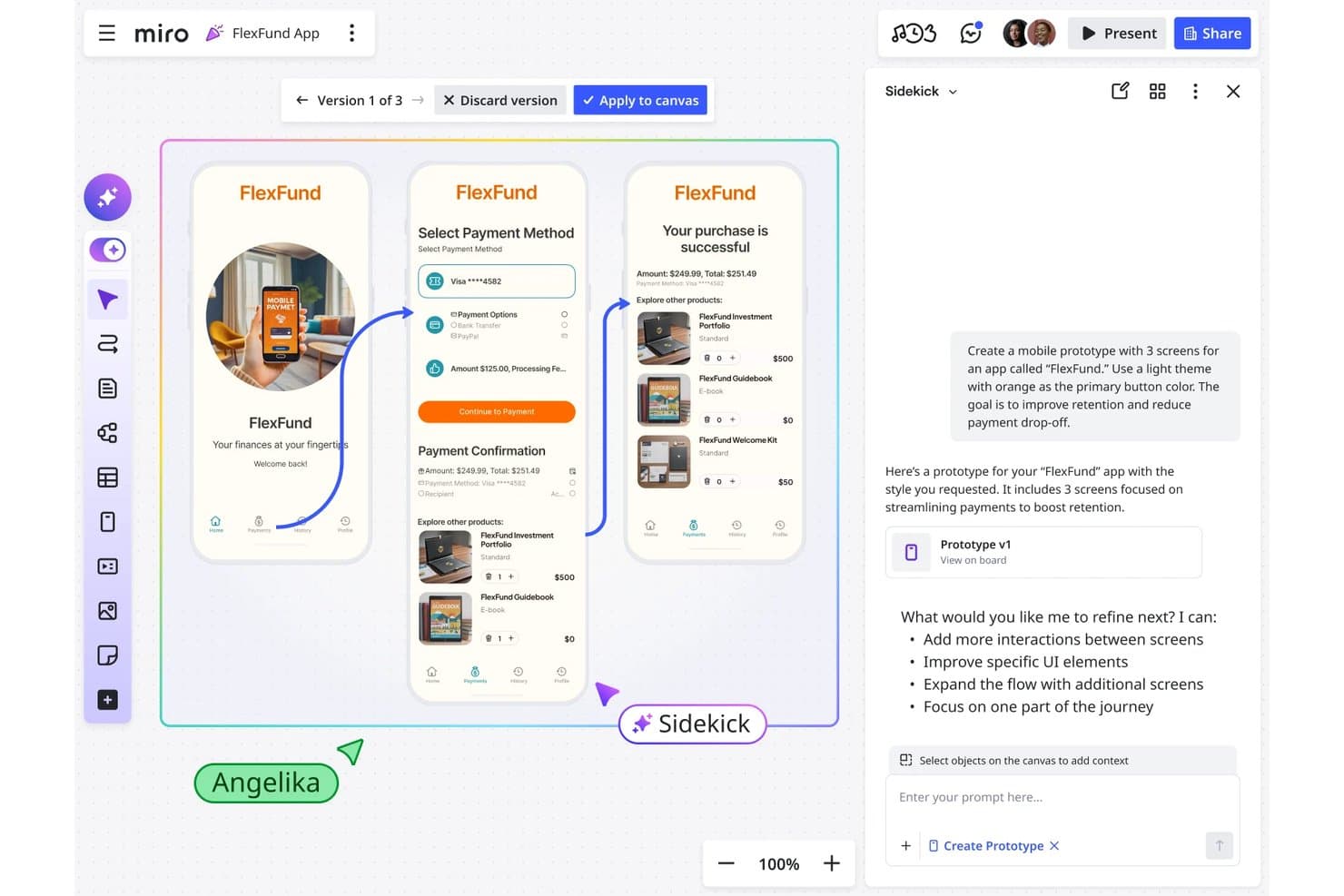Miron taulu, jossa näkyy kolmesta näkymästä koostuva FlexFund-mobiilisovelluksen prototyyppi ja tekoälyapuripaneeli.