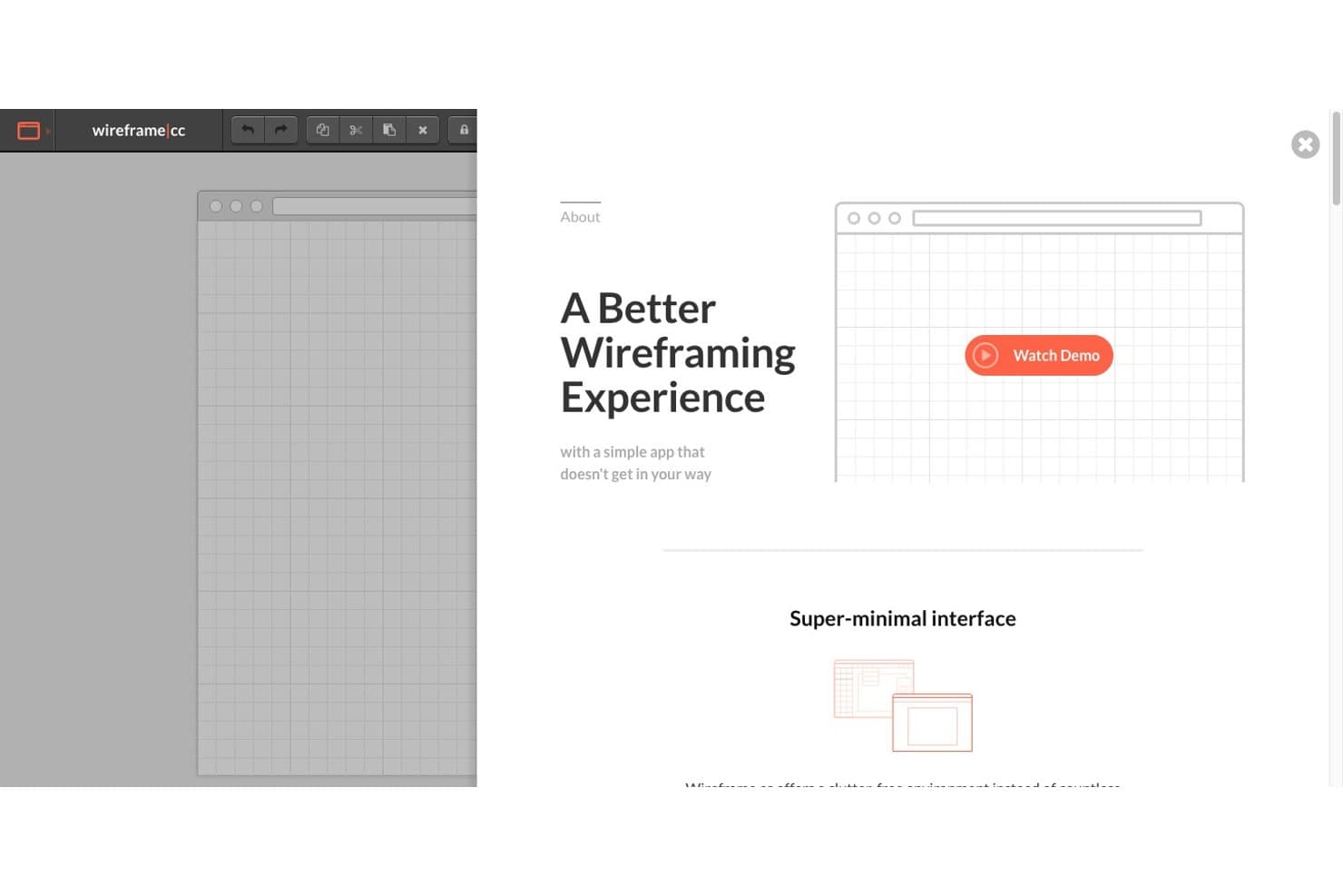 Strona Wireframe.cc o narzędziu do minimalistycznego tworzenia makiet z przyciskiem Obejrzyj prezentację.