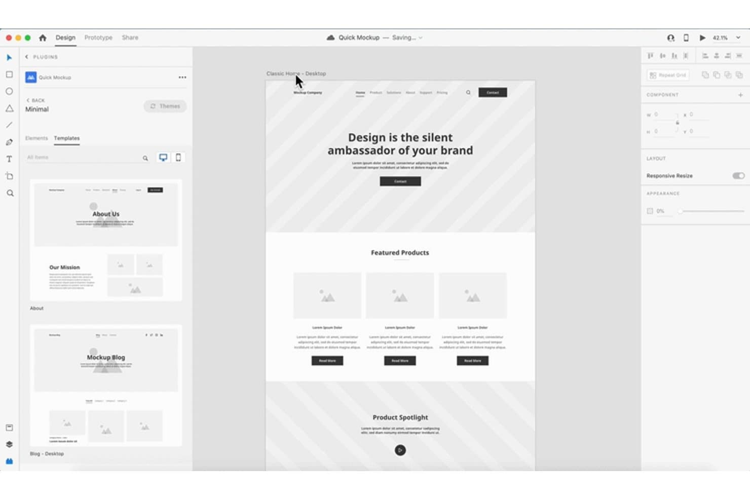 Adobe XD:n käyttöliittymä, jossa näkyy pelkistetty verkkosivustomallikuva ja avoinna oleva mallipaneeli.
