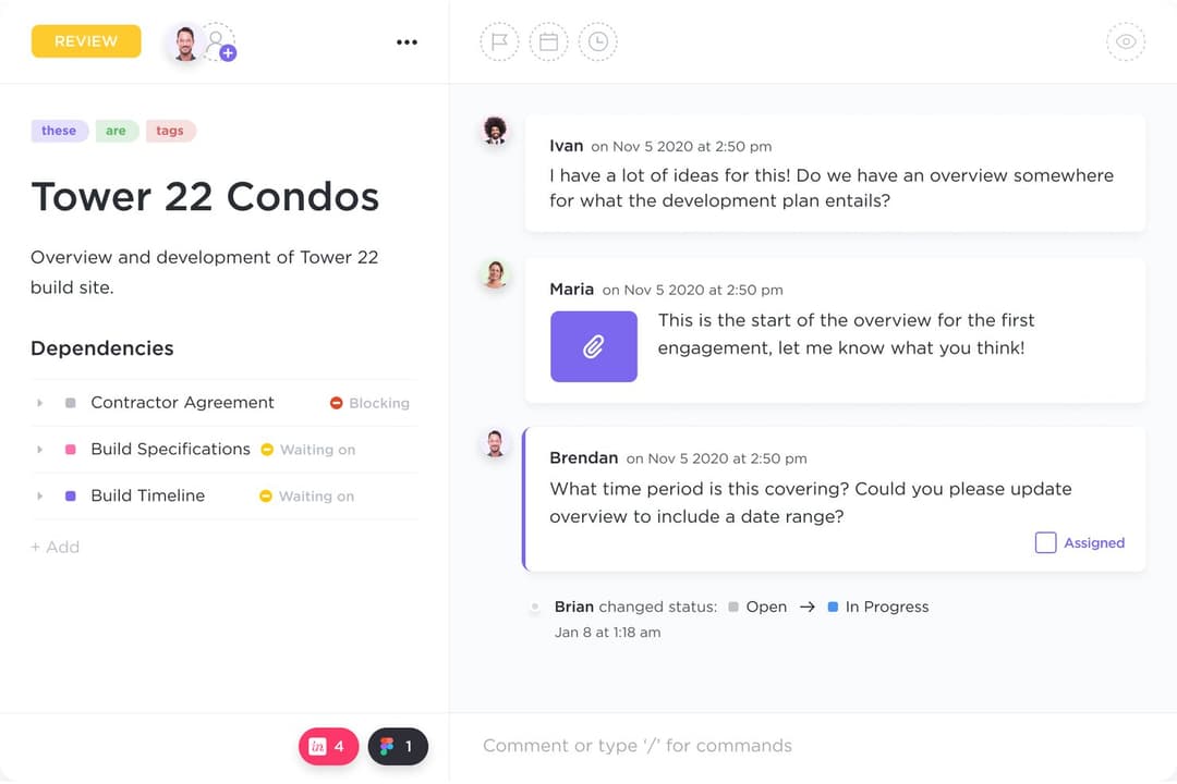ClickUp offers a task detail view for construction projects, showing dependencies, team comments, file attachments, and status tracking in one place.