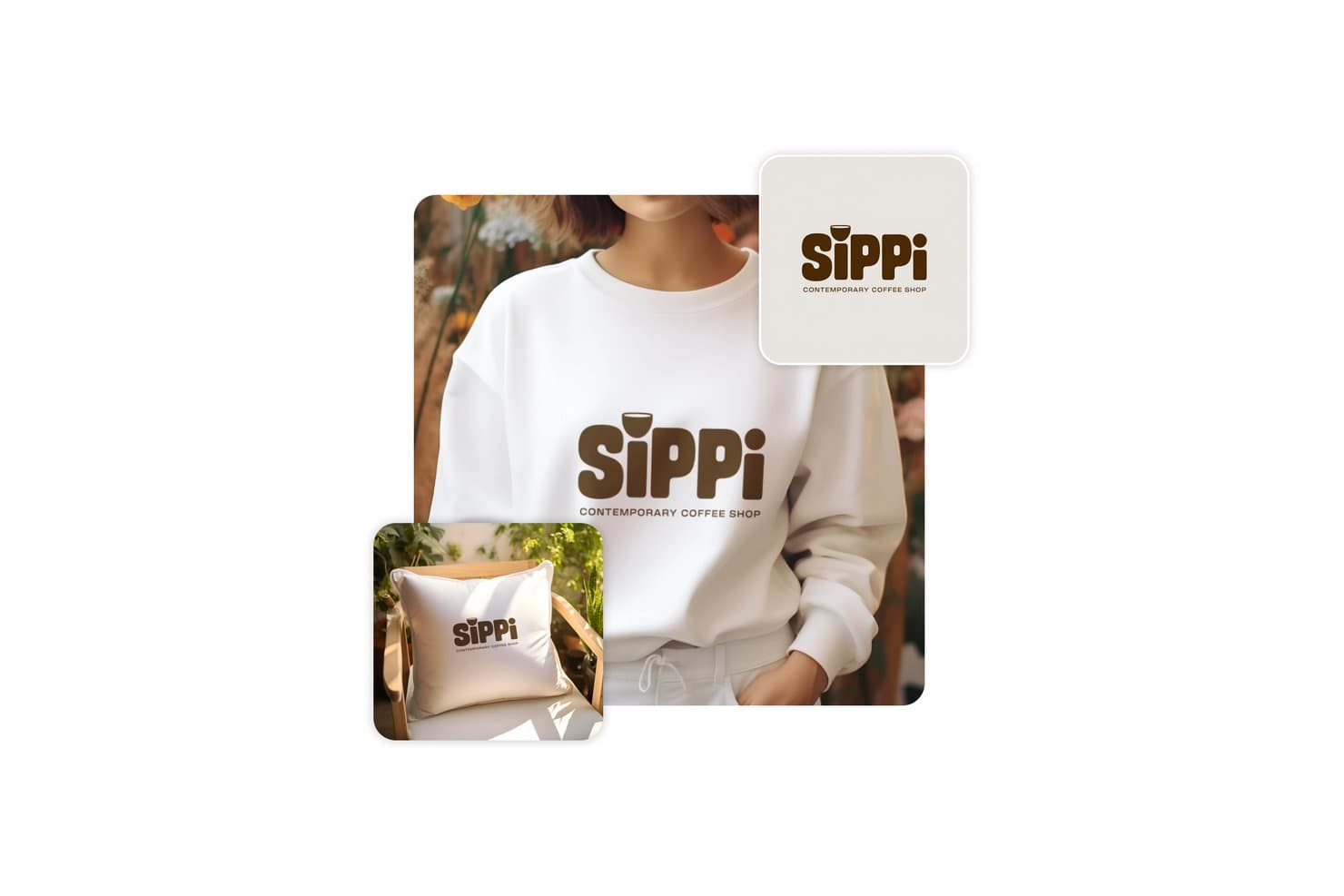 Sippi-kahvilan logon mallinnos collegepaidassa, tyynyssä ja kortissa.