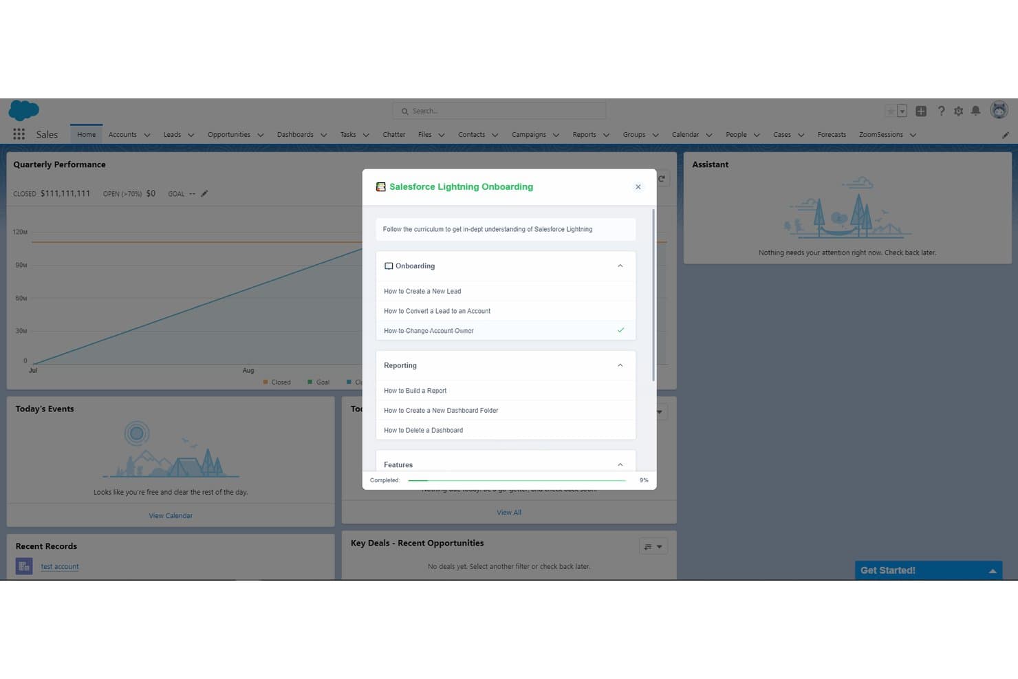 Toonimo onboarding modal in Salesforce Lightning showing curriculum checklist at 9% completion.