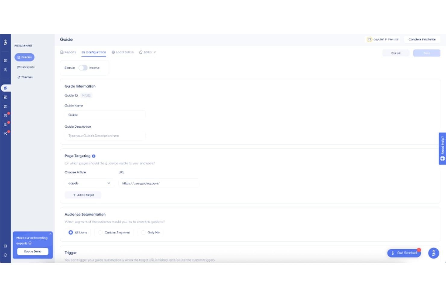 Pannello di configurazione delle guide di UserGuiding con impostazioni per il targeting delle pagine e la segmentazione del pubblico.