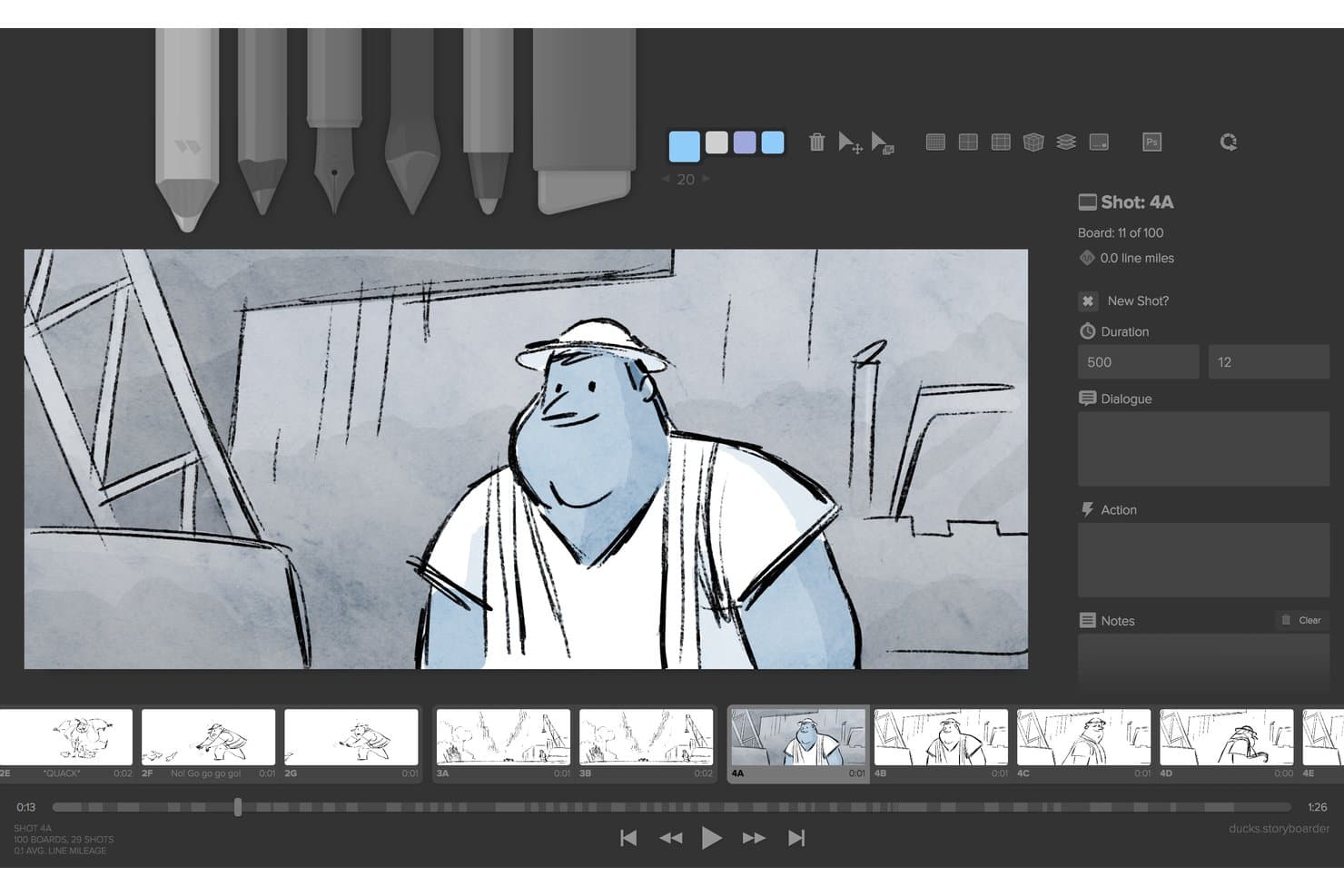 Storyboarder-sovellus, jossa näkyy piirretty hahmoruutu otoksen metatietoineen ja aikajanakaistaleineen.