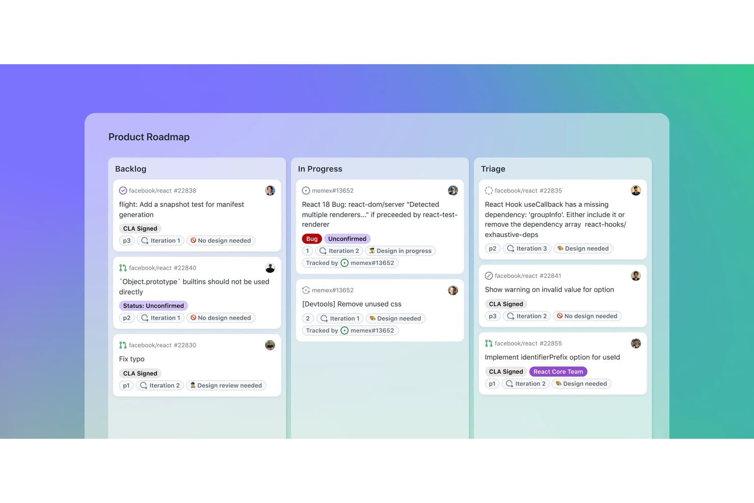 GitHubin tuotteen etenemissuunnitelman kanban-taulu, jossa on Jono-, Työn alla- ja Lajittelu-sarakkeet, joissa näkyy tehtäväkortteja.